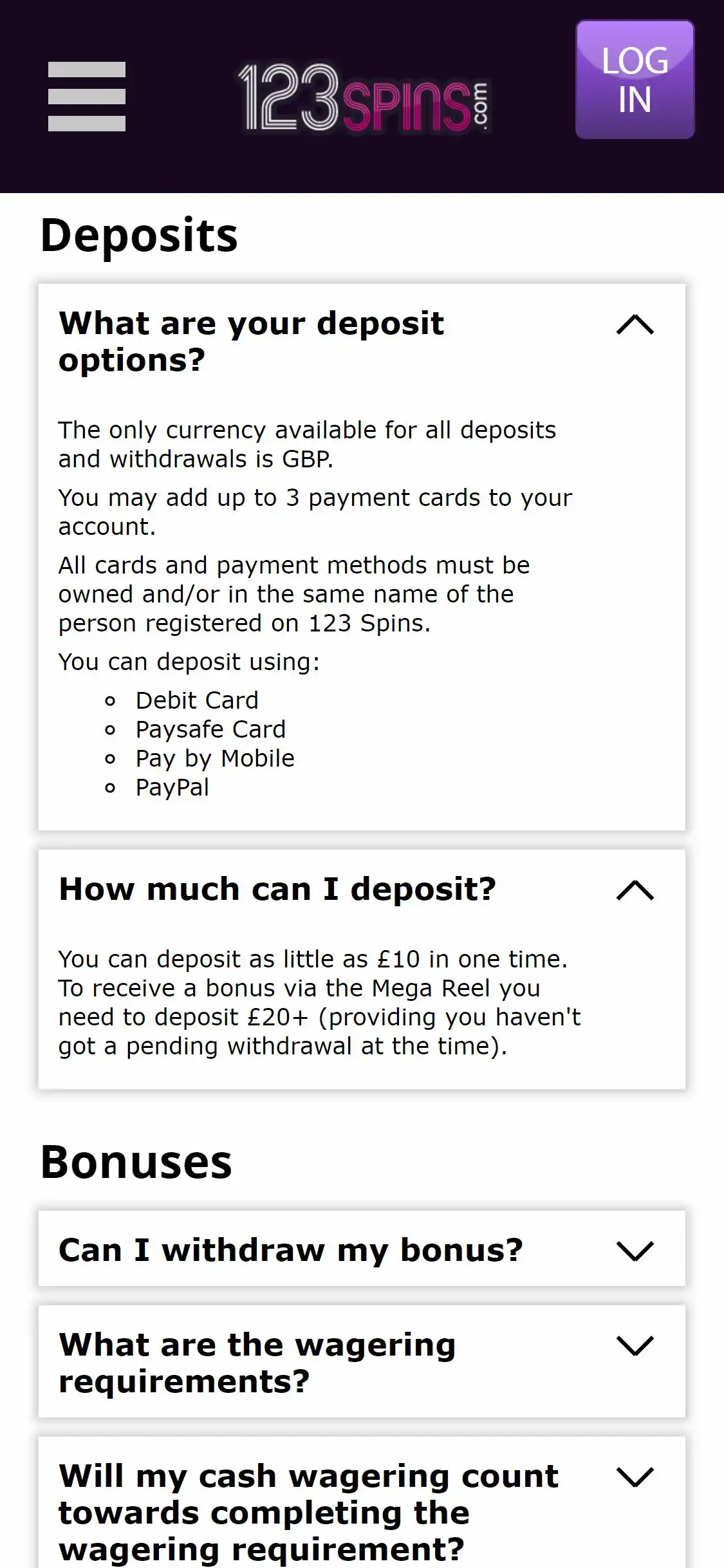 123 Spins Casino Mobile Payment Methods Review