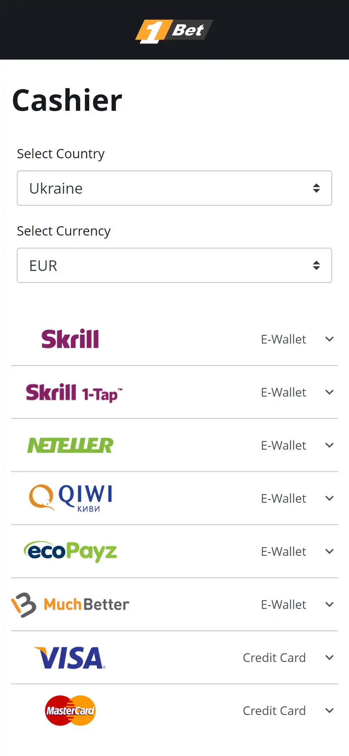 1Bet Casino Mobile Payment Methods Review