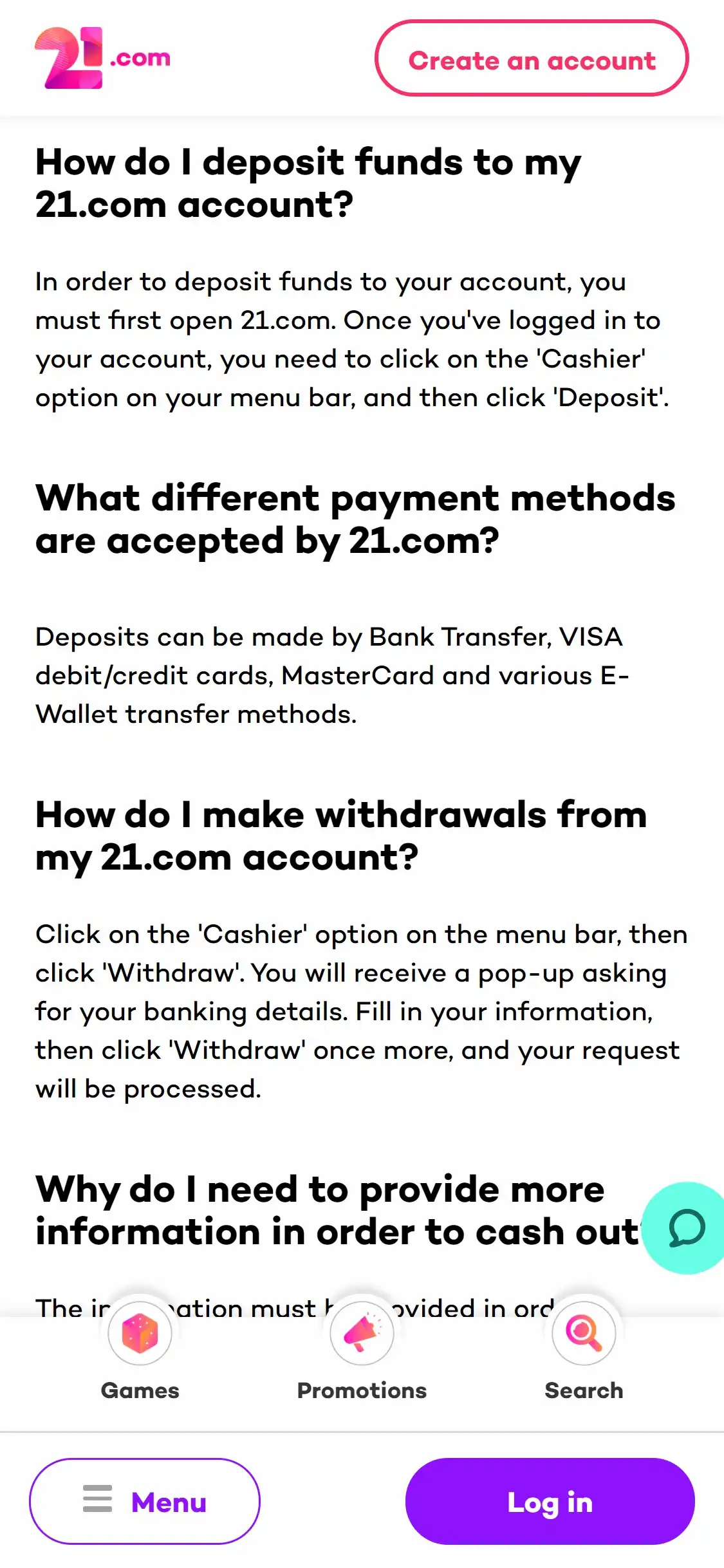 21.com Casino Mobile Payment Methods Review