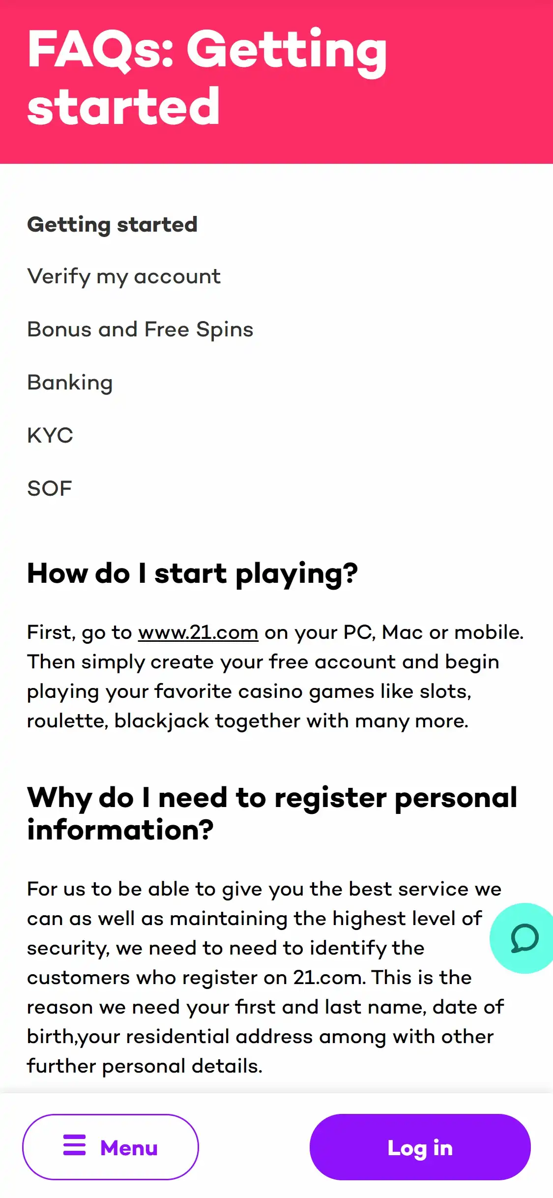 21.com Casino Mobile Support Review
