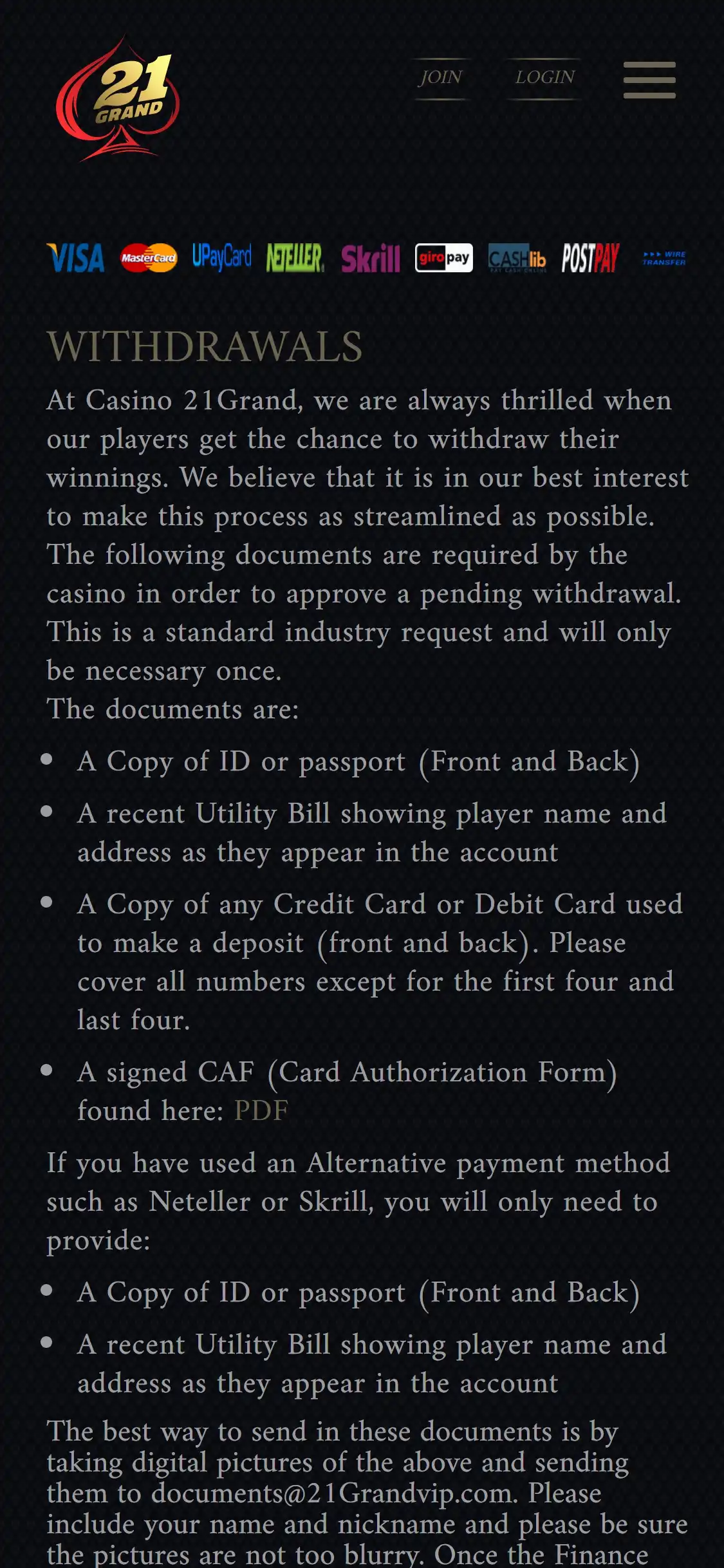 21 Grand Casino Mobile Payment Methods Review