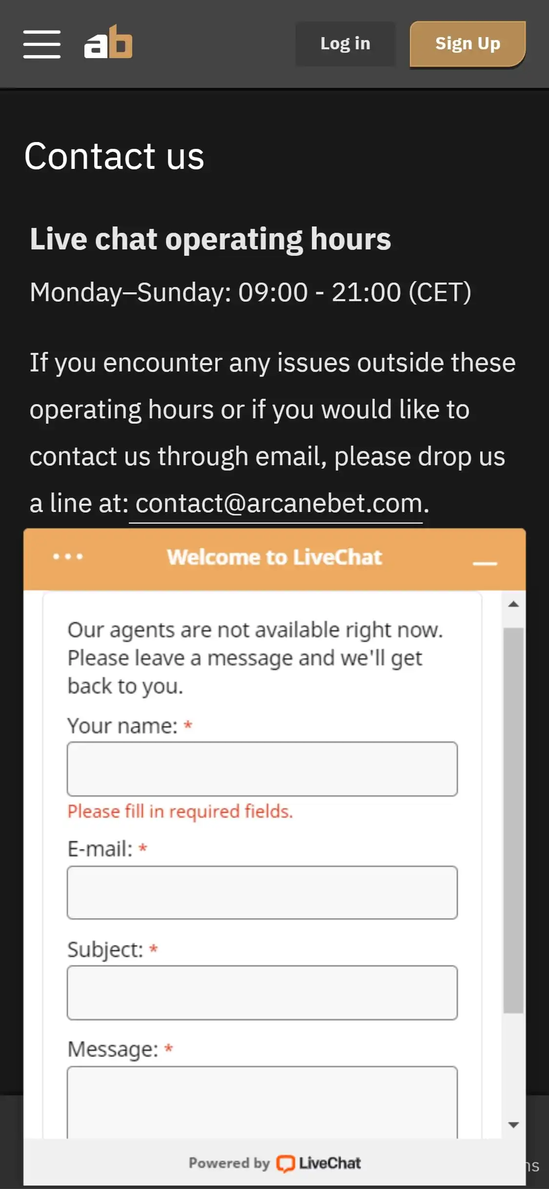 Arcanebet Casino Mobile Support Review