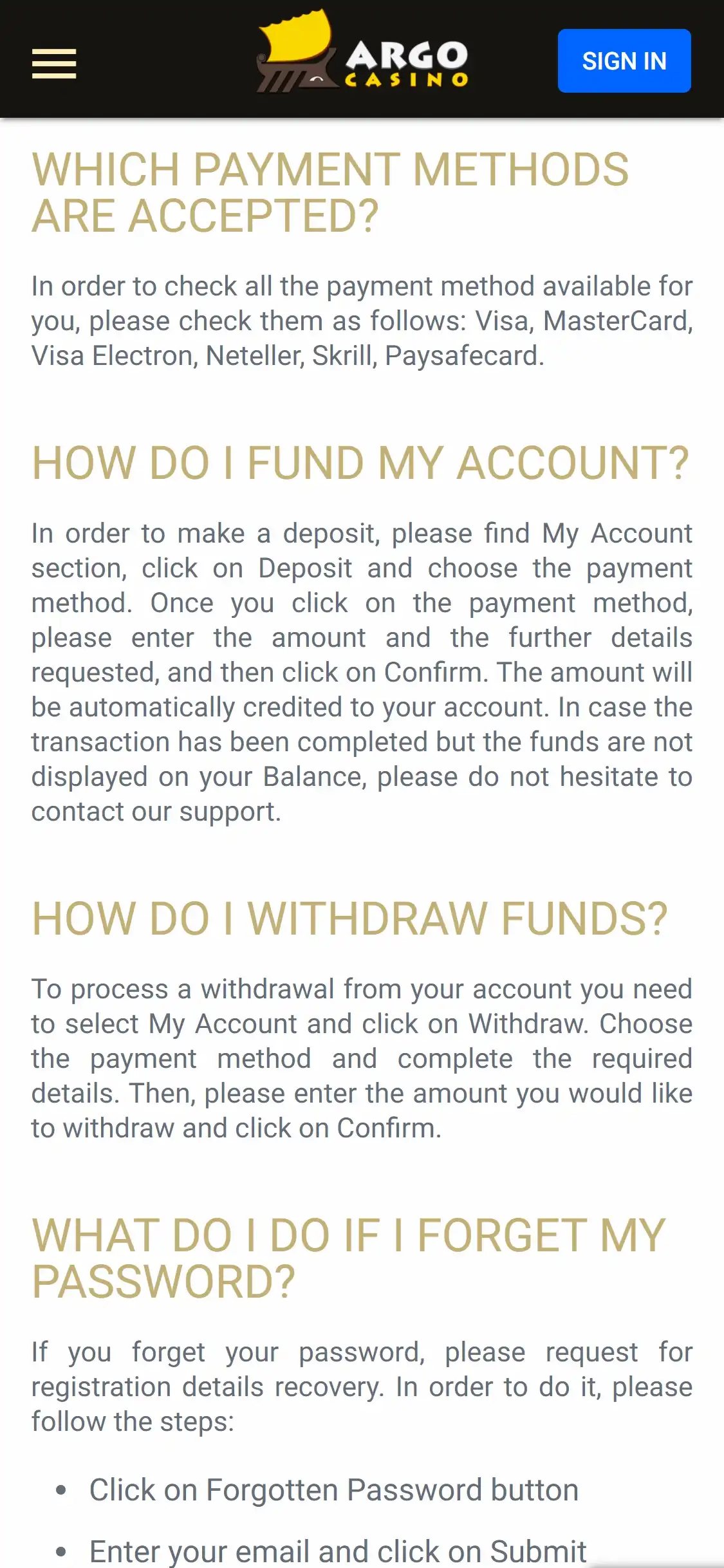 Argo Casino Mobile Payment Methods Review