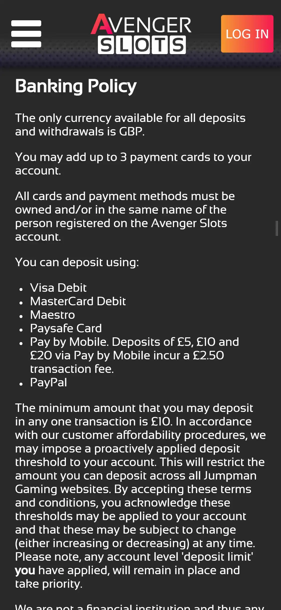 Avenger Slots Casino Mobile Payment Methods Review
