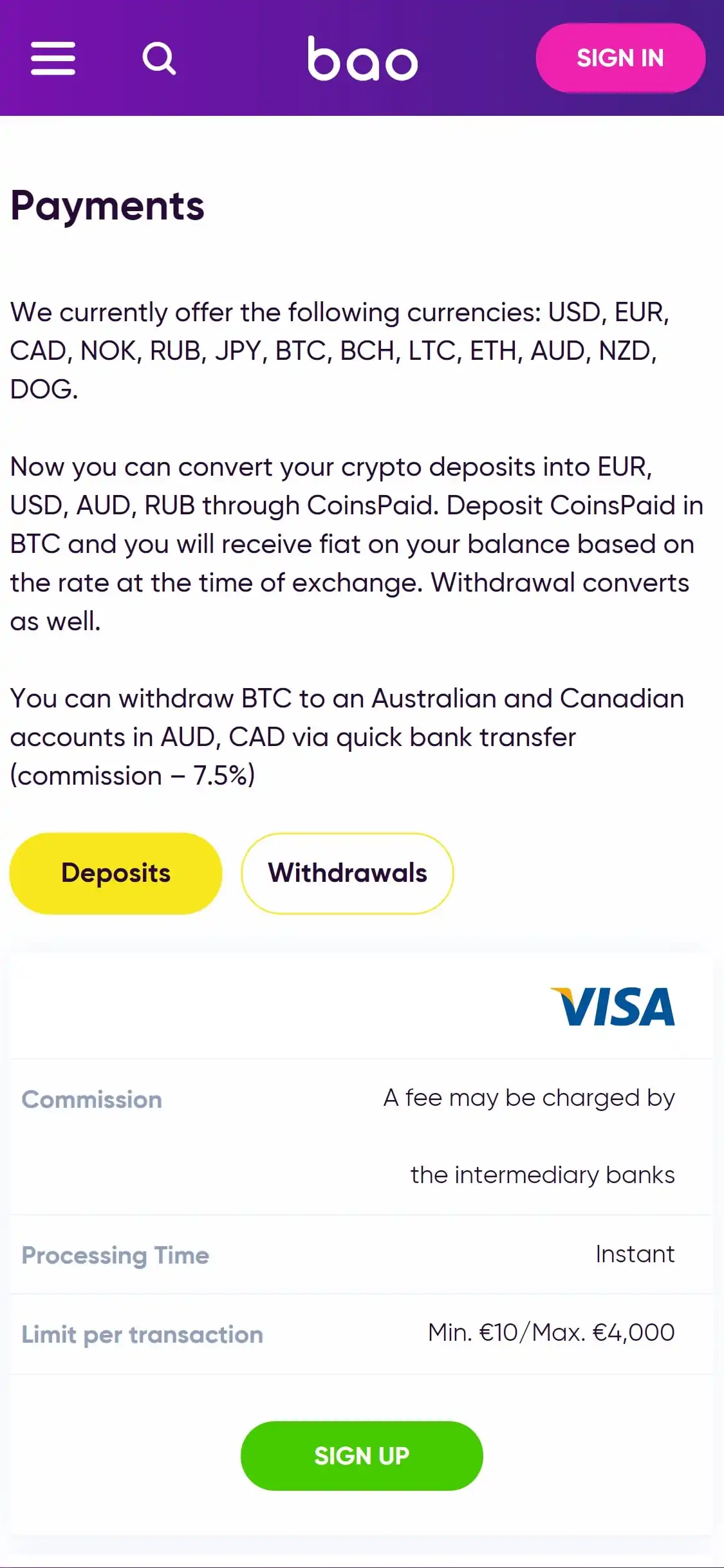BAO Casino Mobile Payment Methods Review
