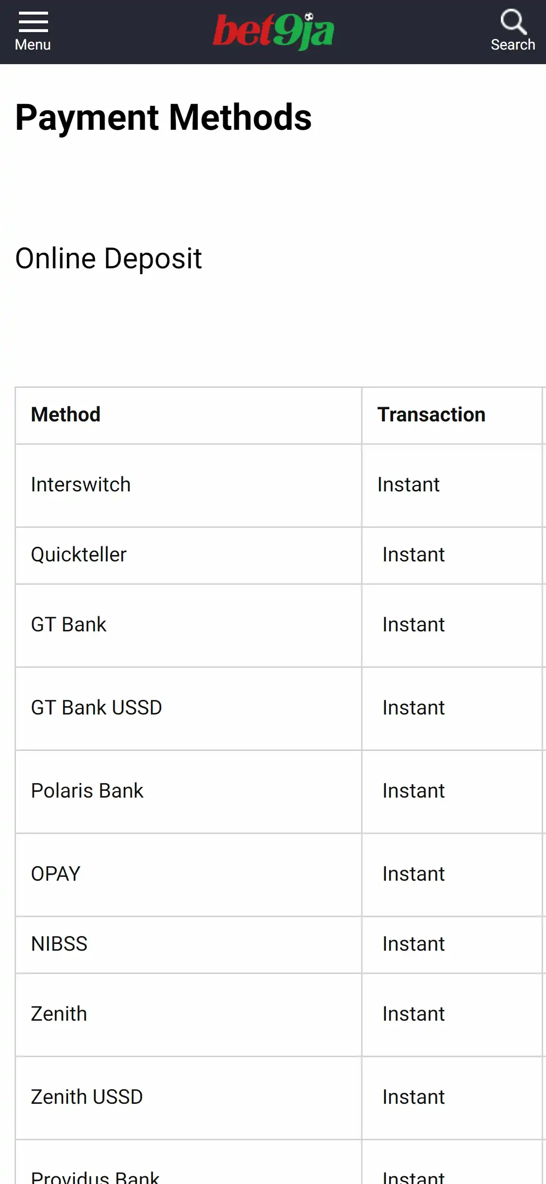 Bet9Ja Casino Mobile Payment Methods Review