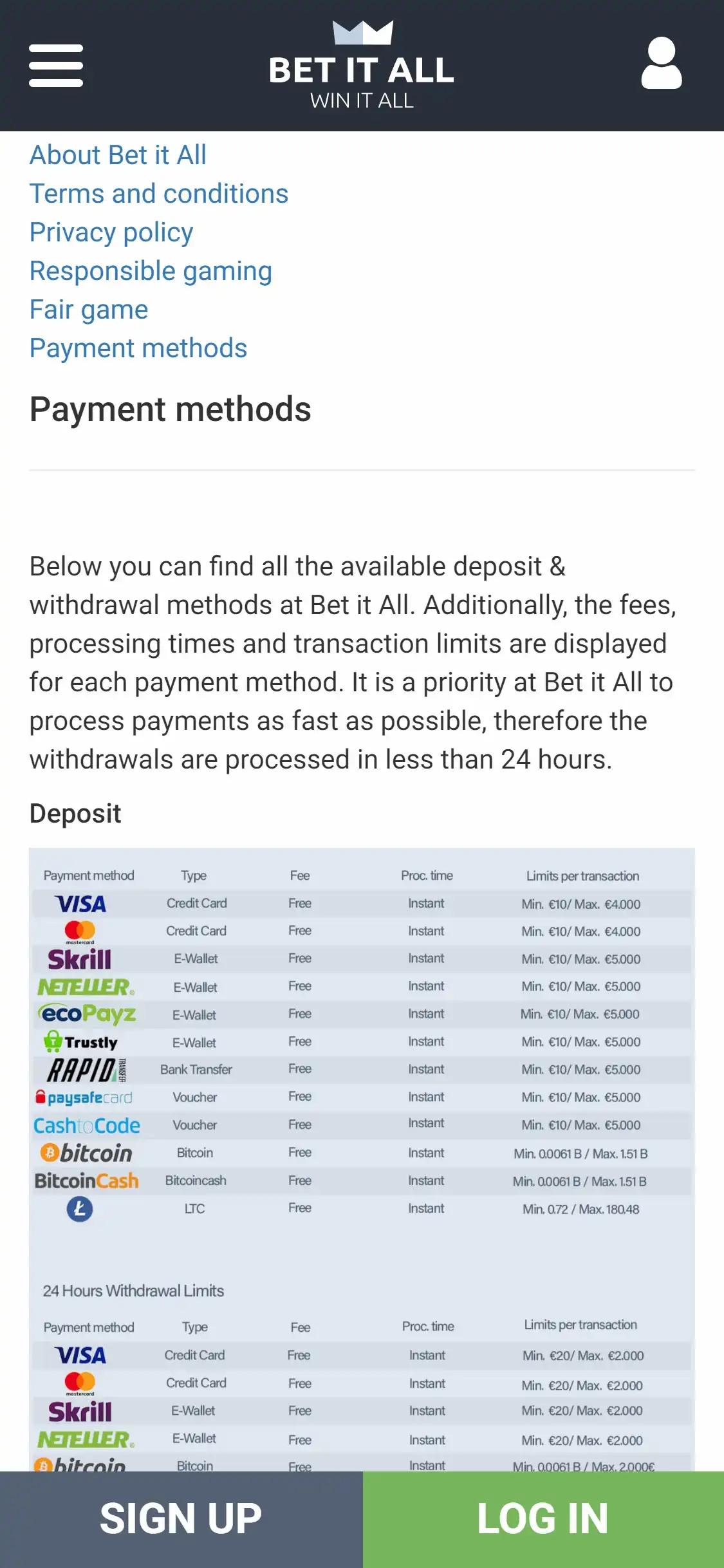 Bet It All Casino Mobile Payment Methods Review