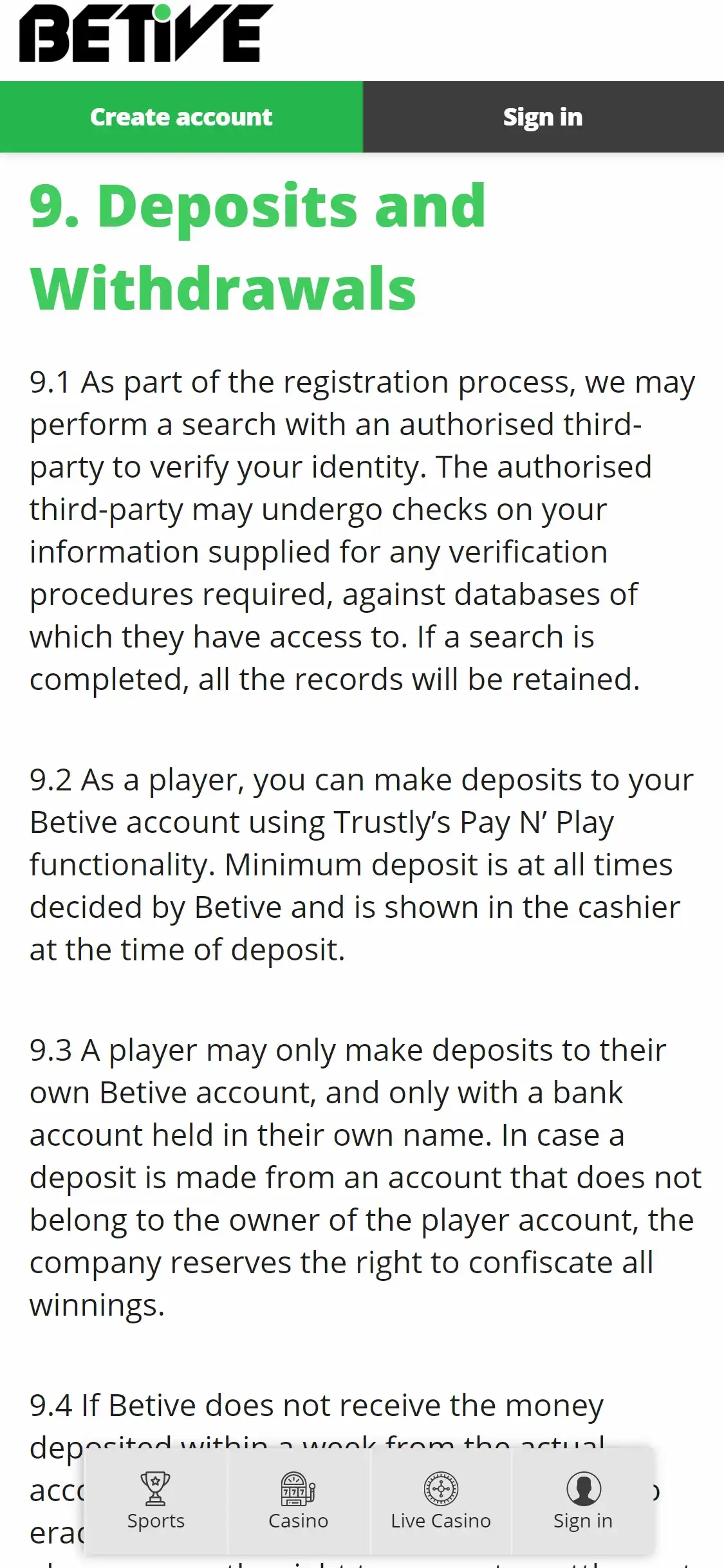 Betive Casino Mobile Payment Methods Review