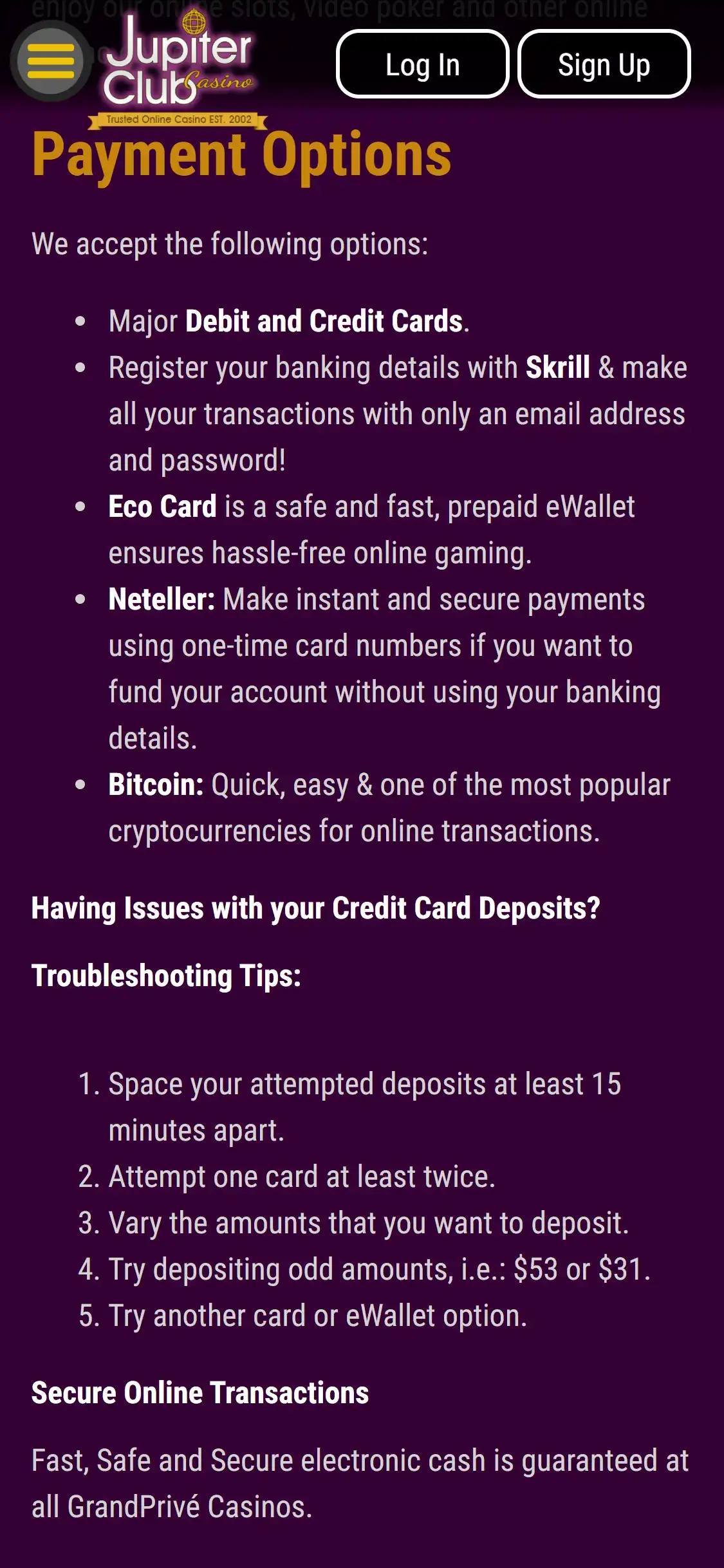 Jupiter Club Casino Mobile Payment Methods Review