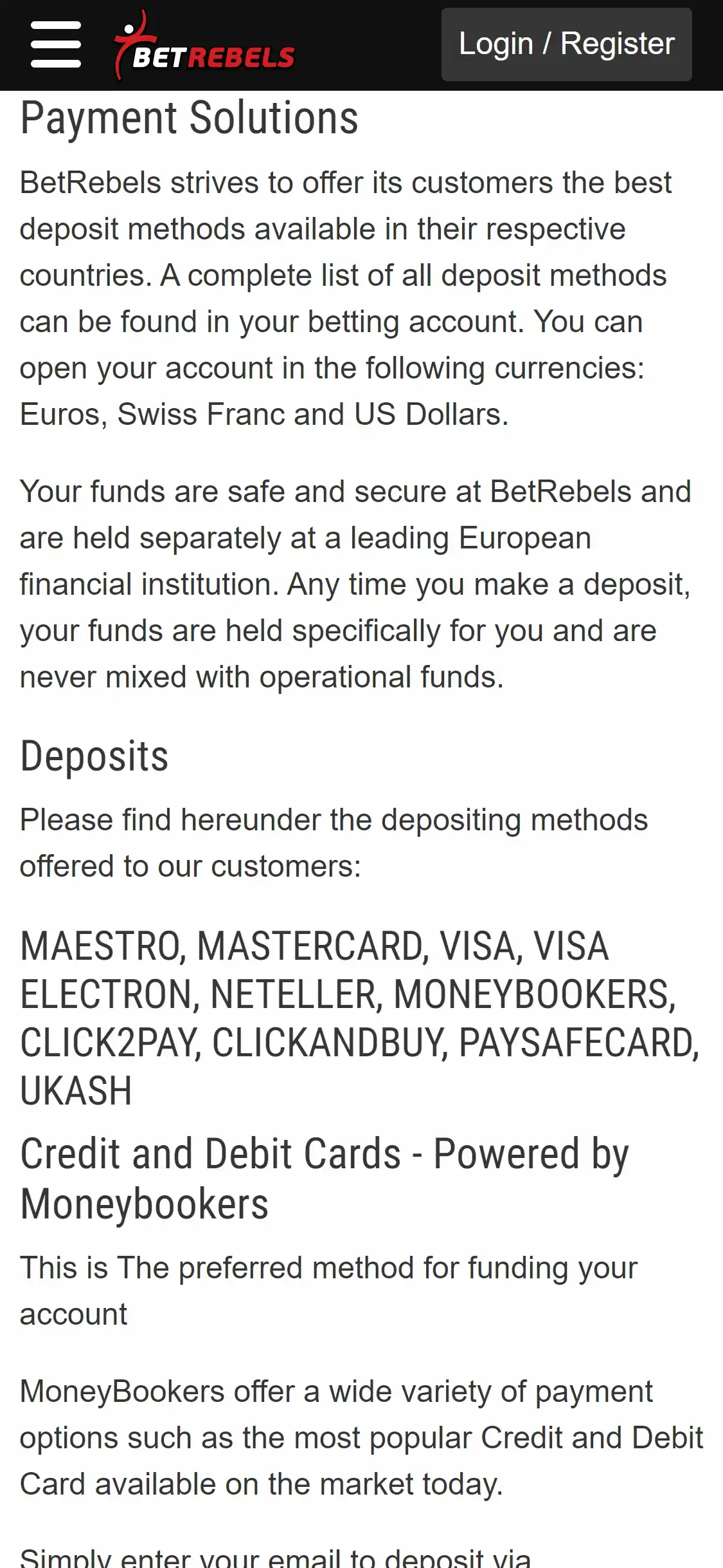 BetRebels Casino Mobile Payment Methods Review