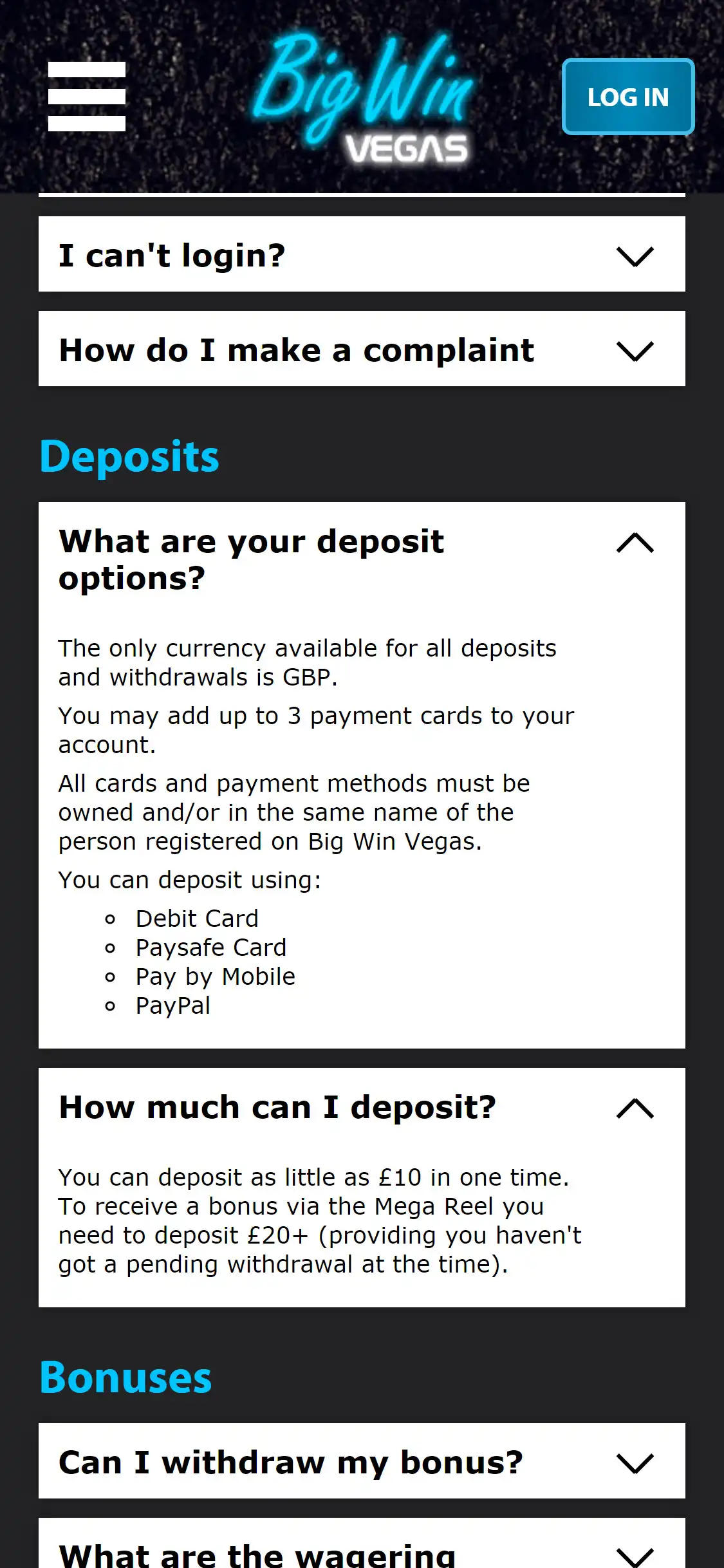 Big Win Vegas Casino Mobile Payment Methods Review