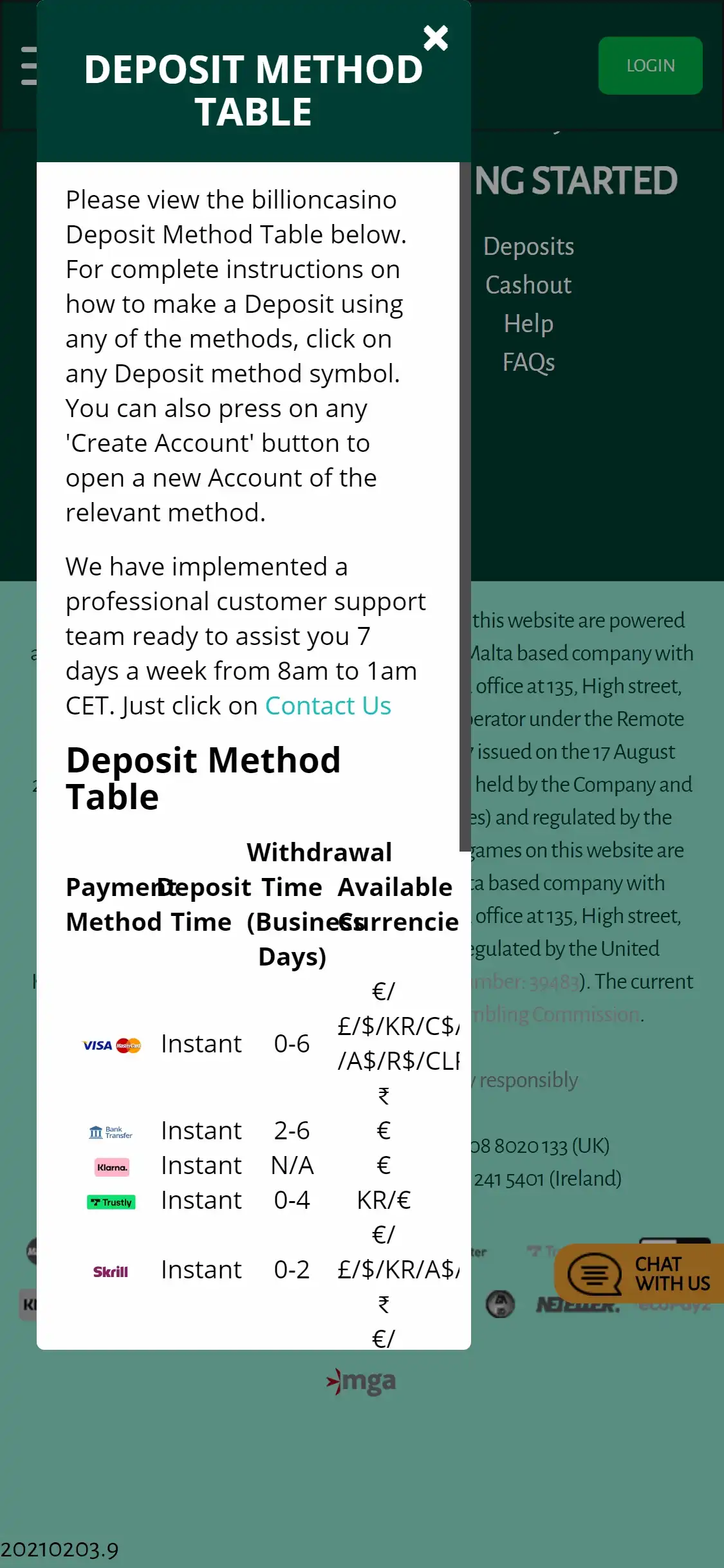 Billion Casino Mobile Payment Methods Review