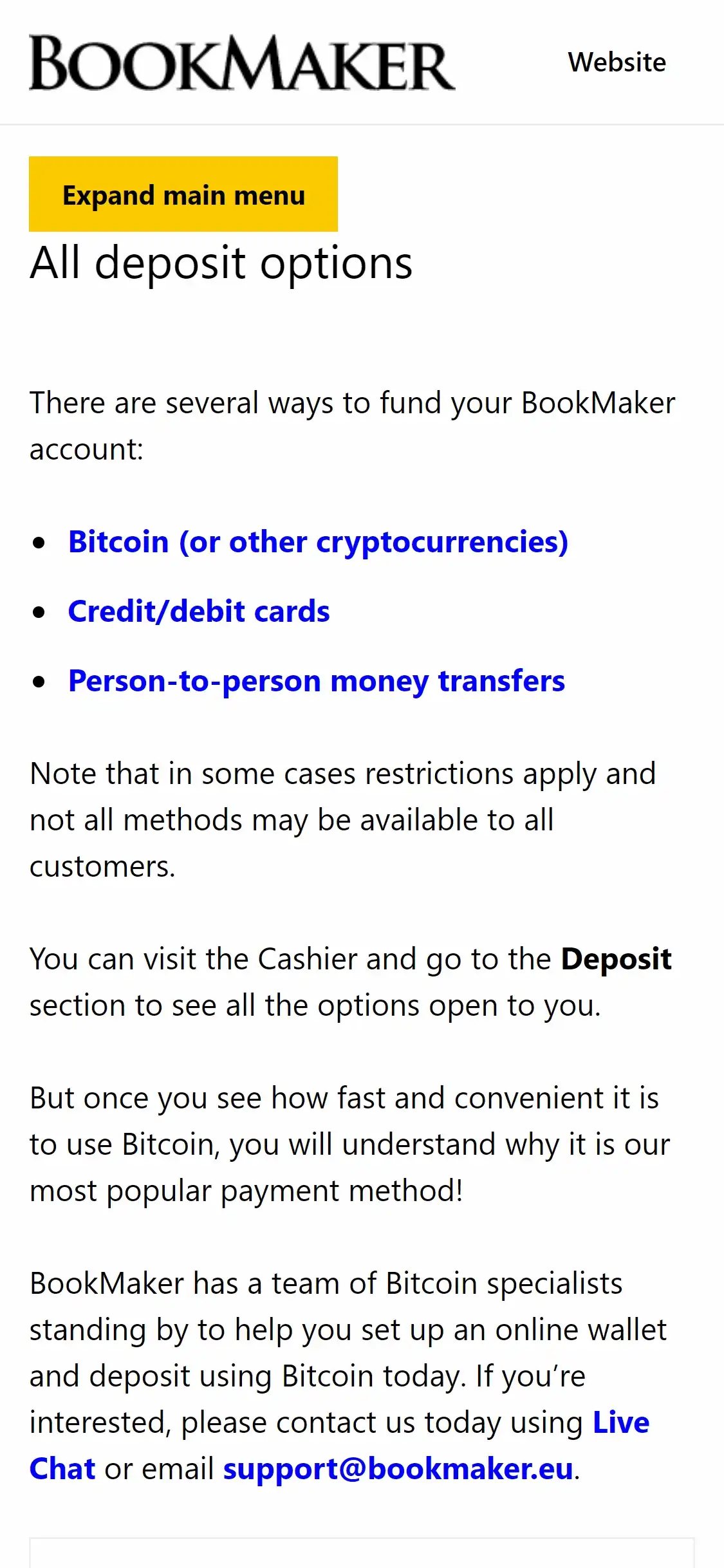 BookMaker Casino Mobile Payment Methods Review