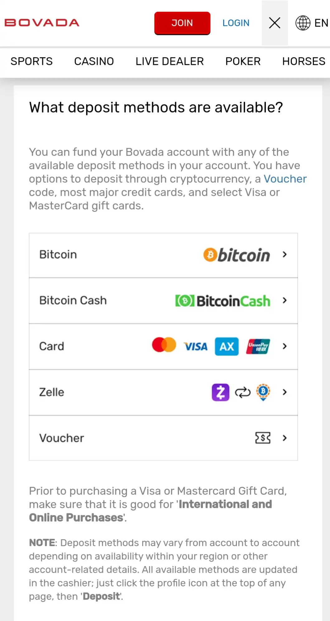 Bovada Casino Mobile Payment Methods Review