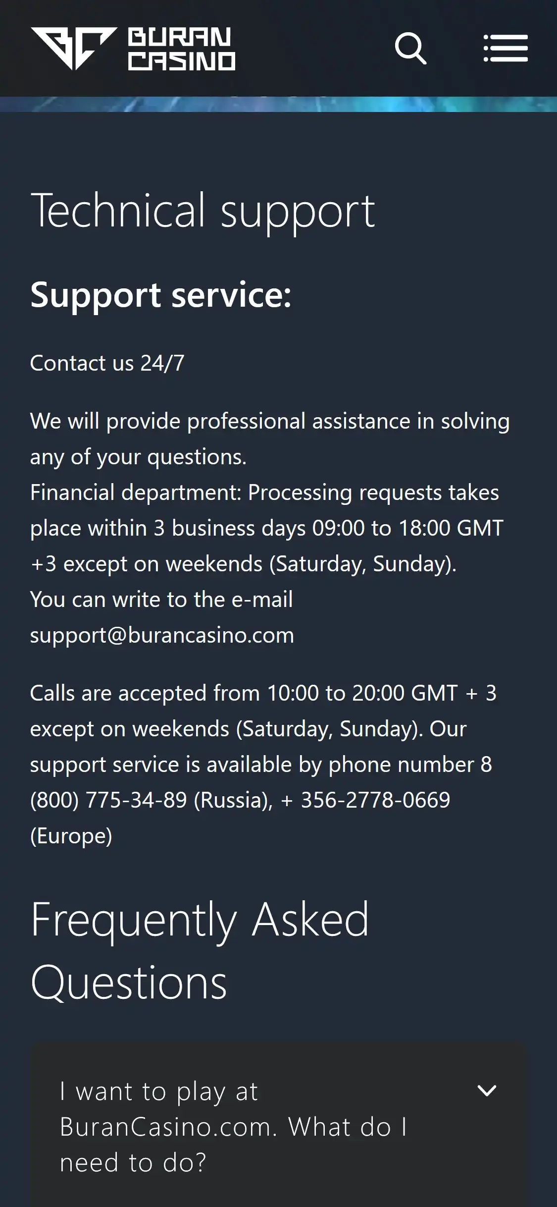 BuranCasino Mobile Support Review