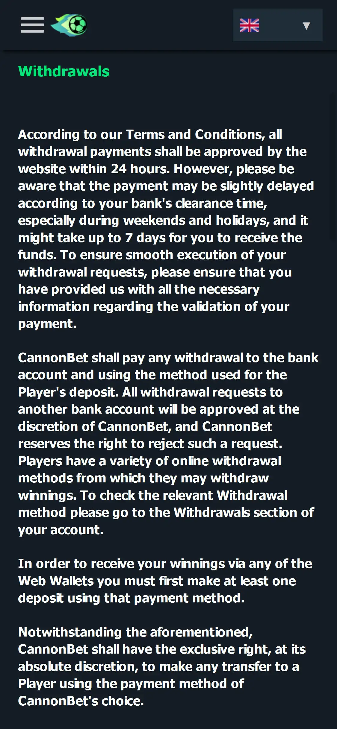 CannonBet Casino Mobile Payment Methods Review