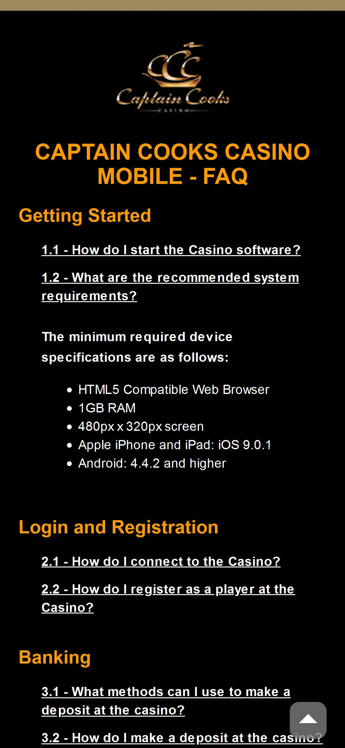 Captain Cooks EU Casino Mobile Support Review