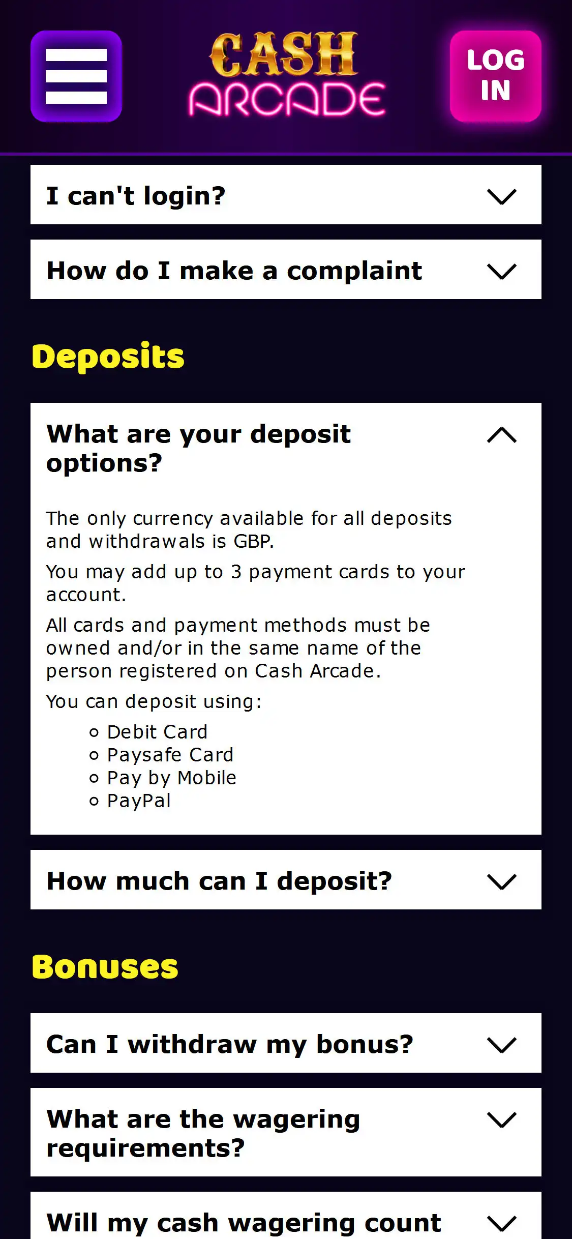 Cash Arcade Casino Mobile Payment Methods Review