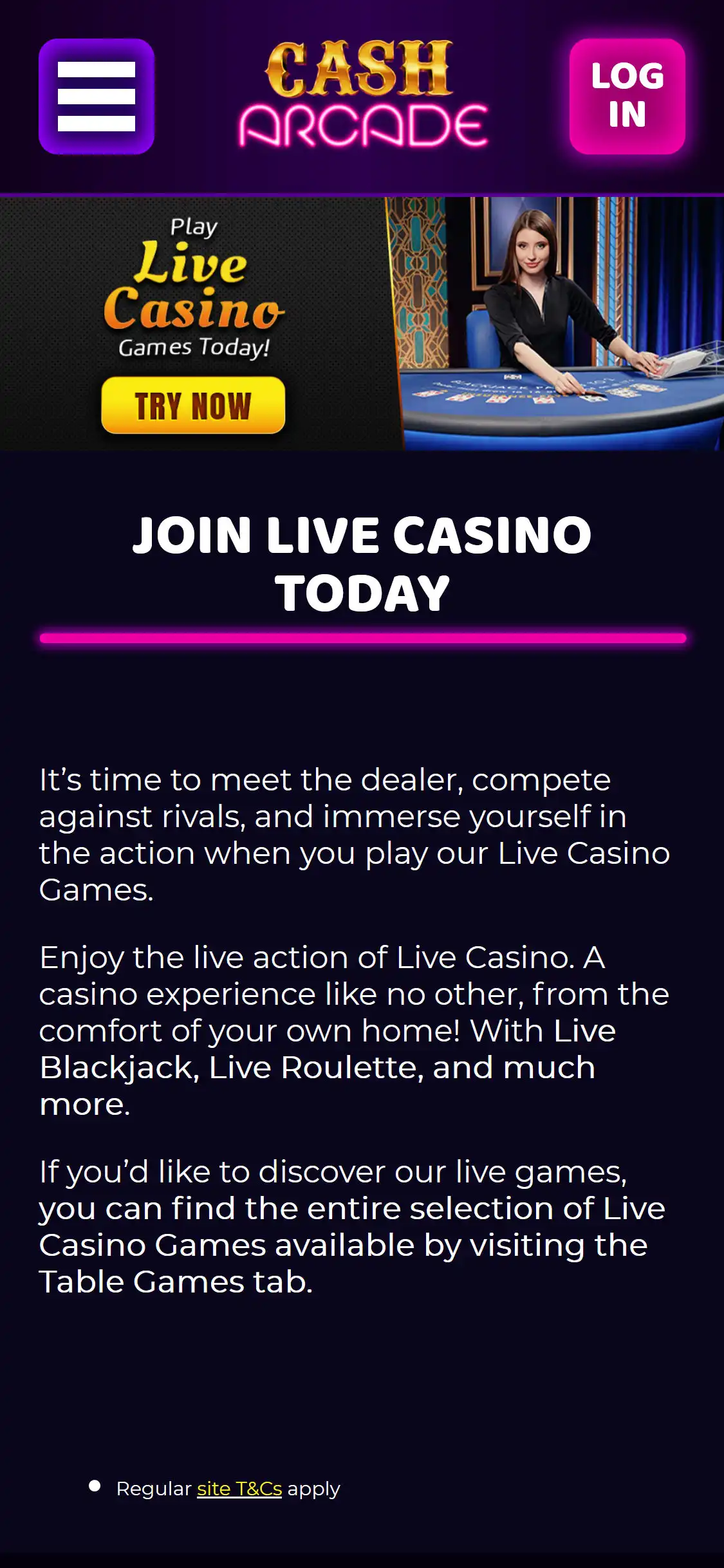 Cash Arcade Casino Mobile Live Dealer Games Review