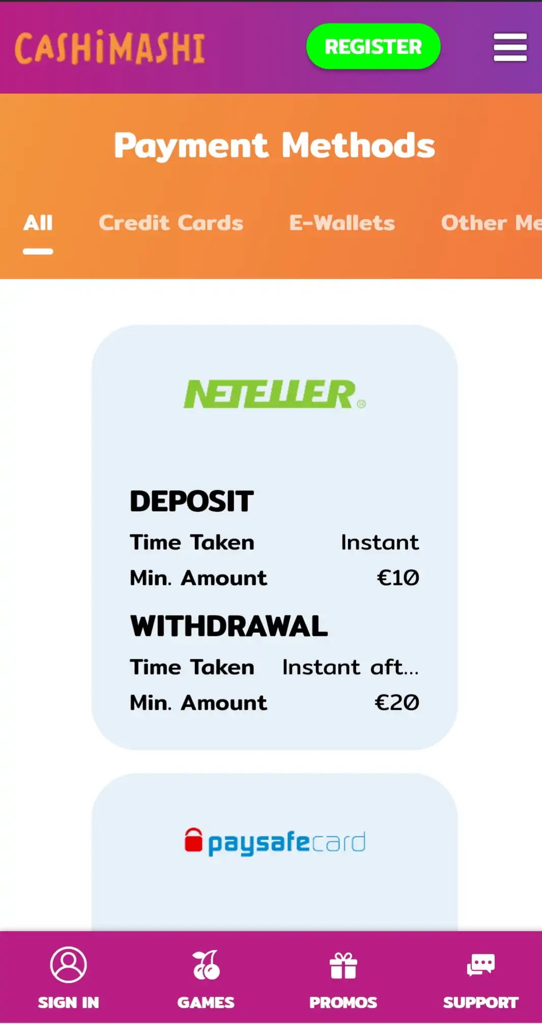 CashiMashi Casino Mobile Payment Methods Review