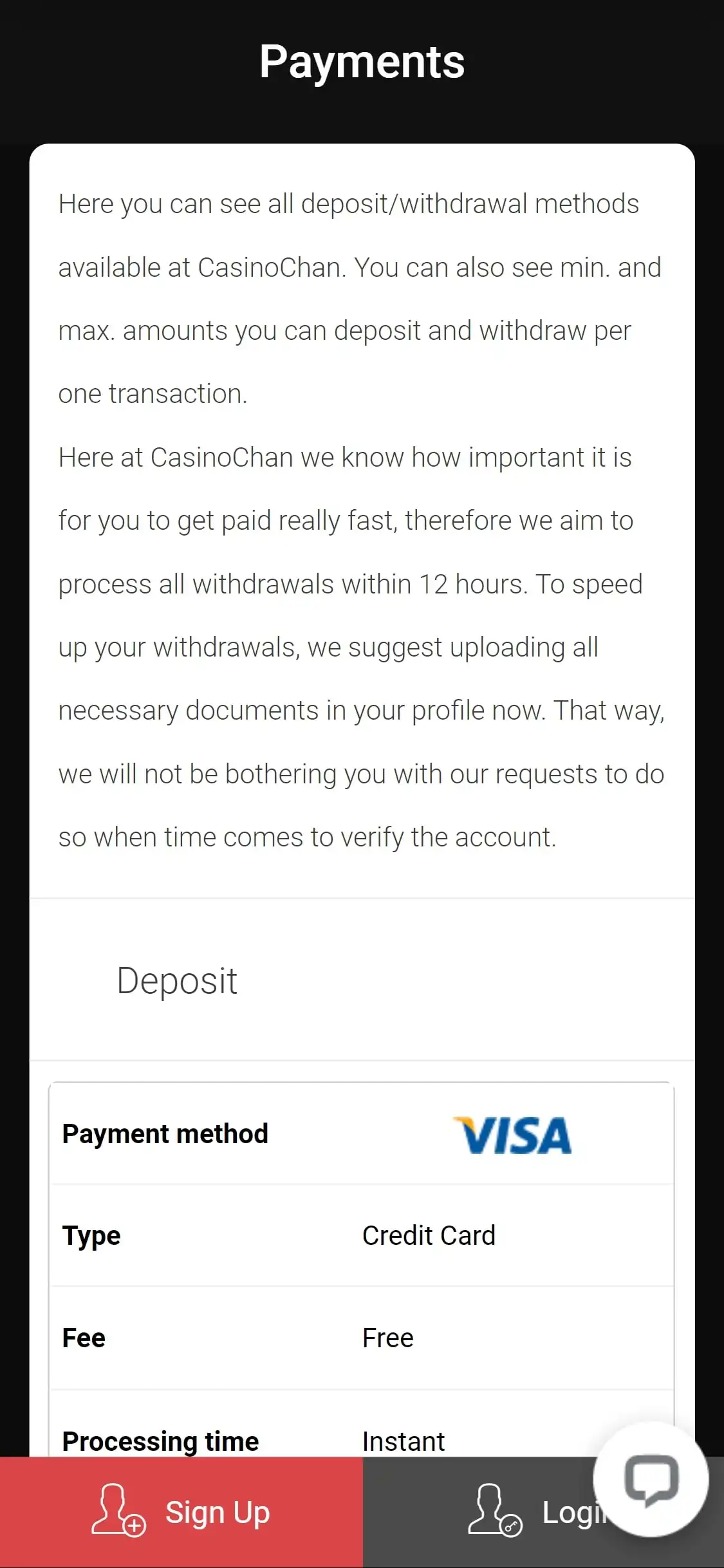 Casinochan Mobile Payment Methods Review