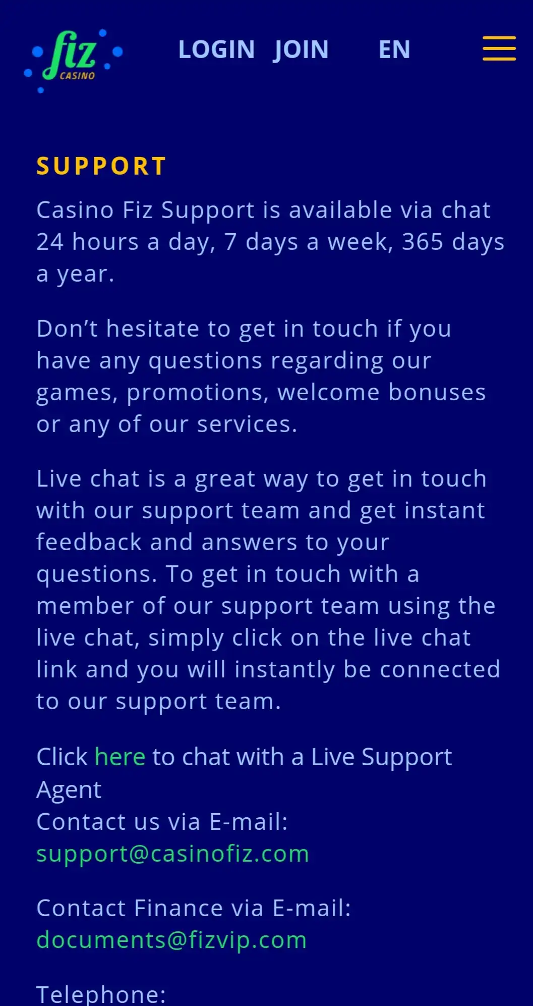 Casino Fiz Mobile Support Review