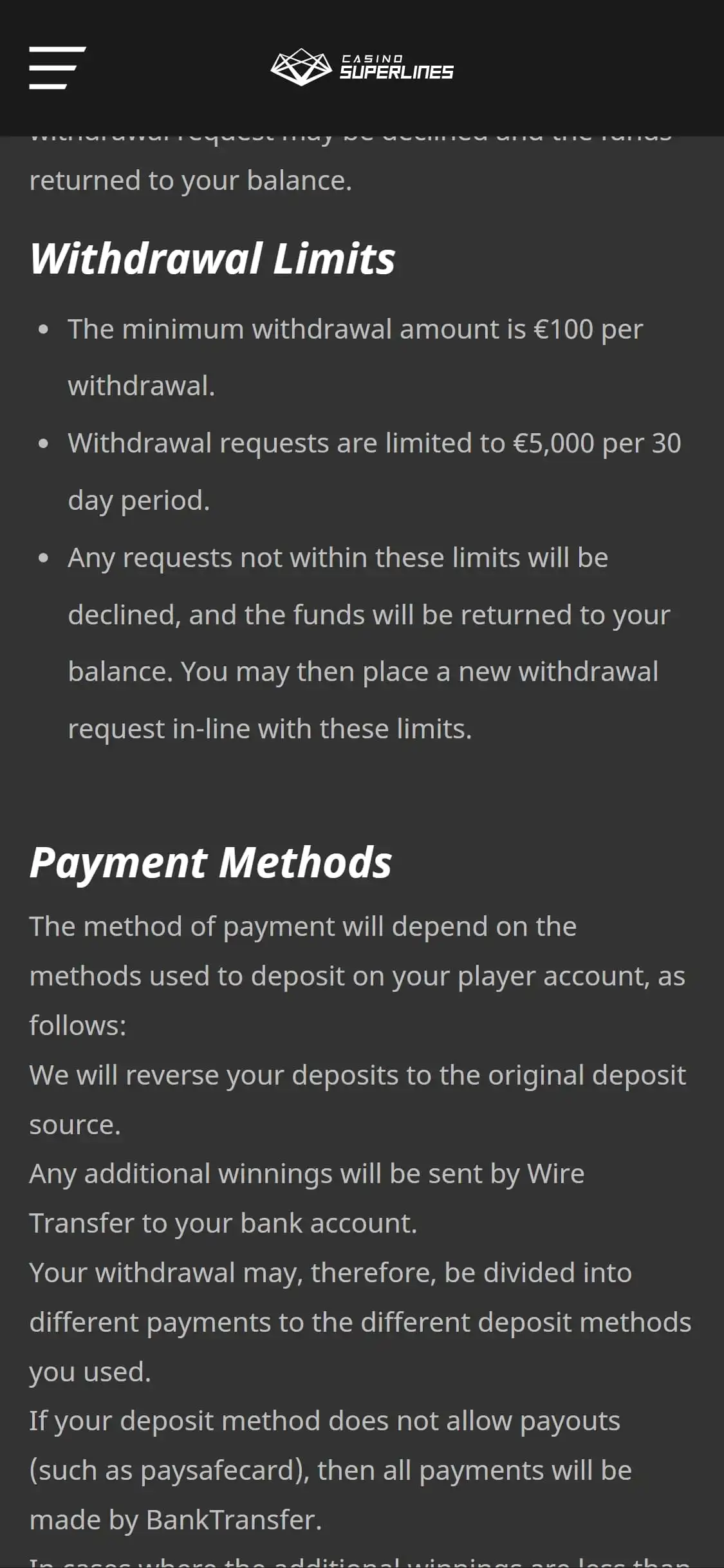Casino Superlines Mobile Payment Methods Review