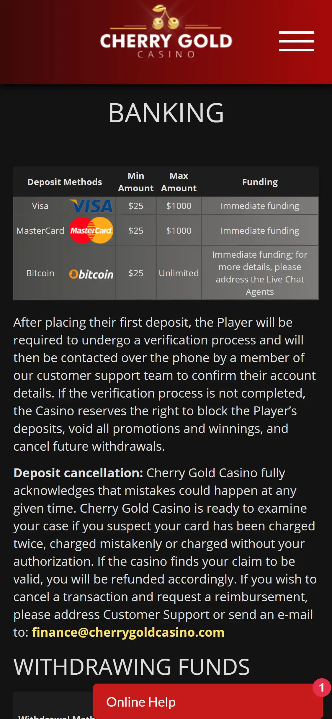 Cherry Gold Casino Mobile Payment Methods Review