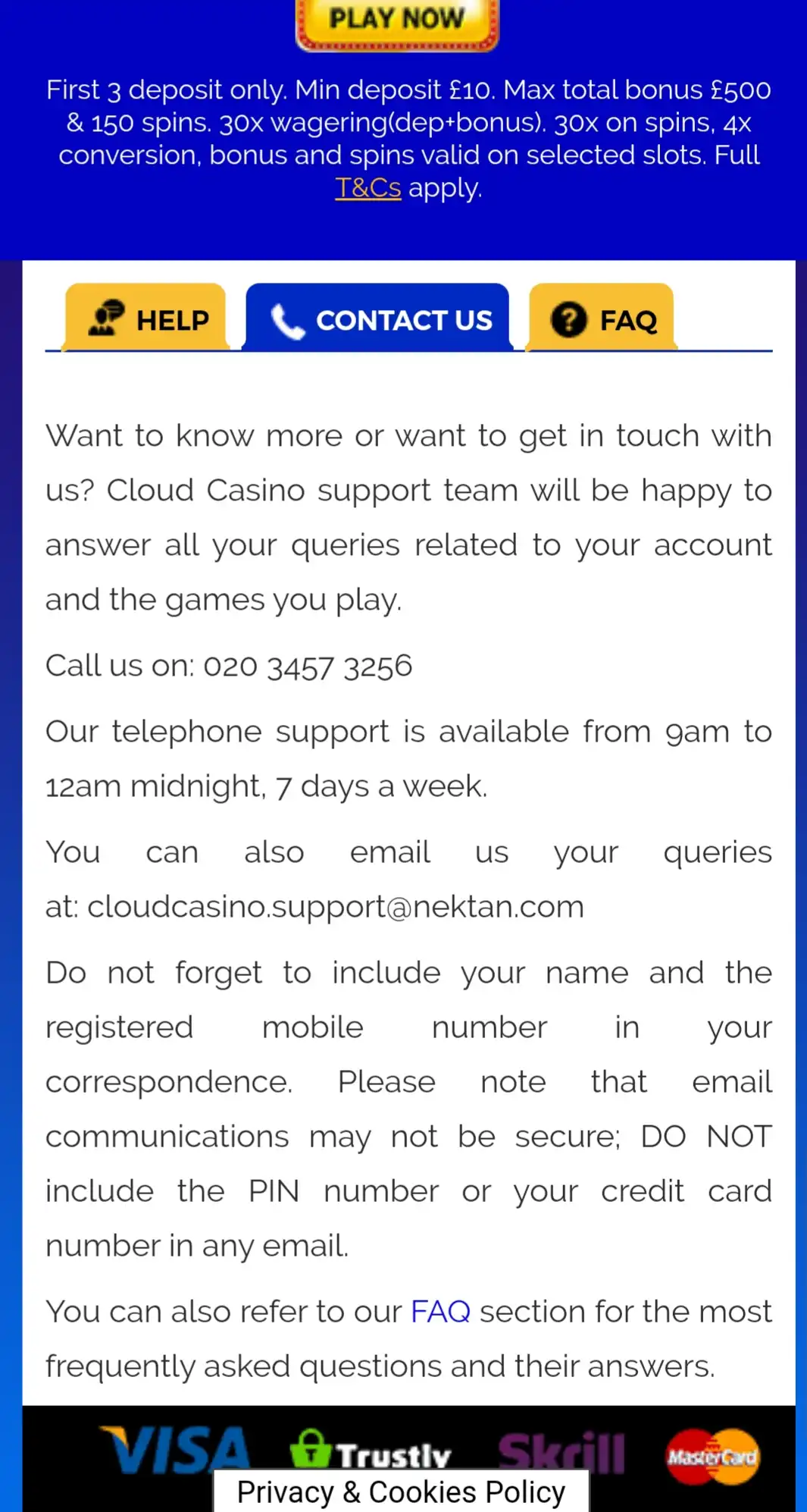CloudCasino Mobile Support Review