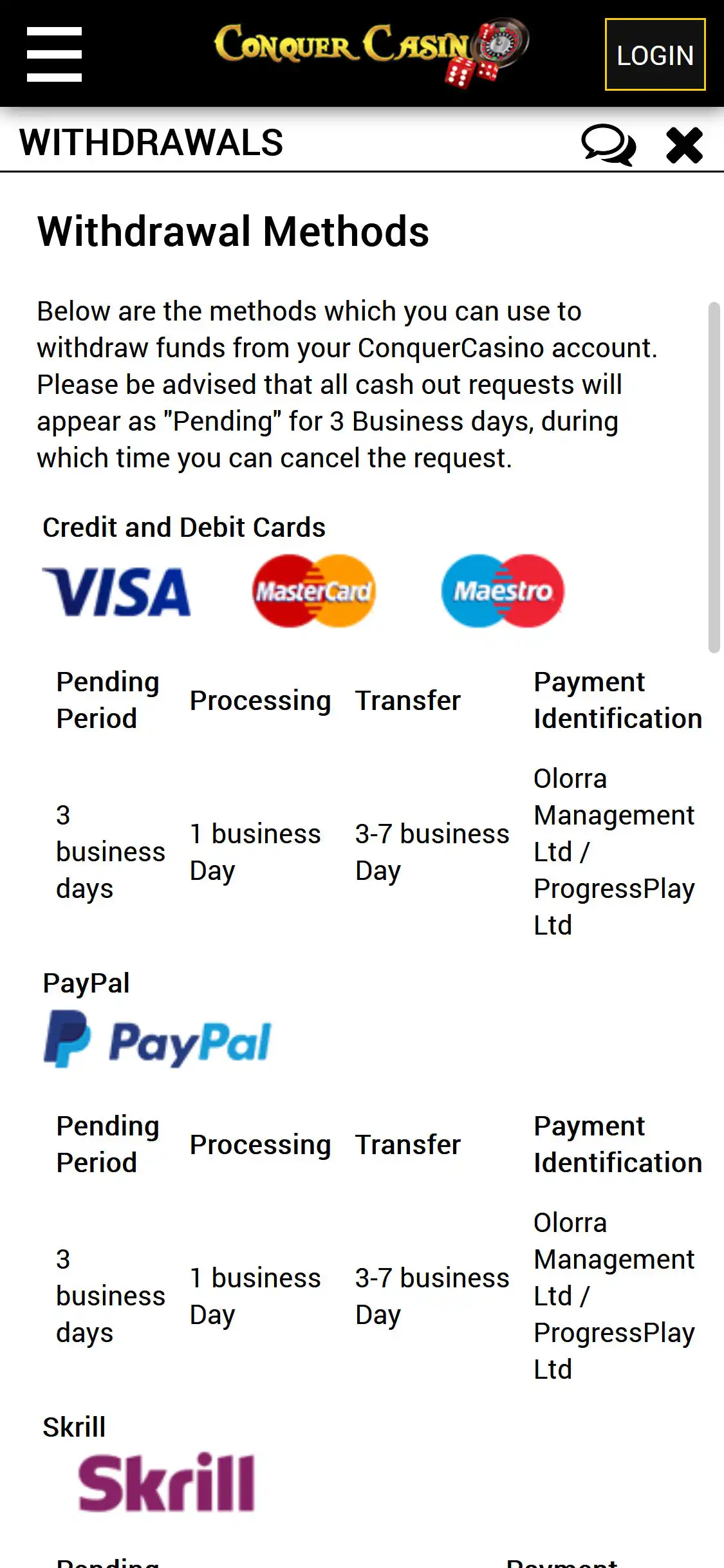Conquer Casino Mobile Payment Methods Review