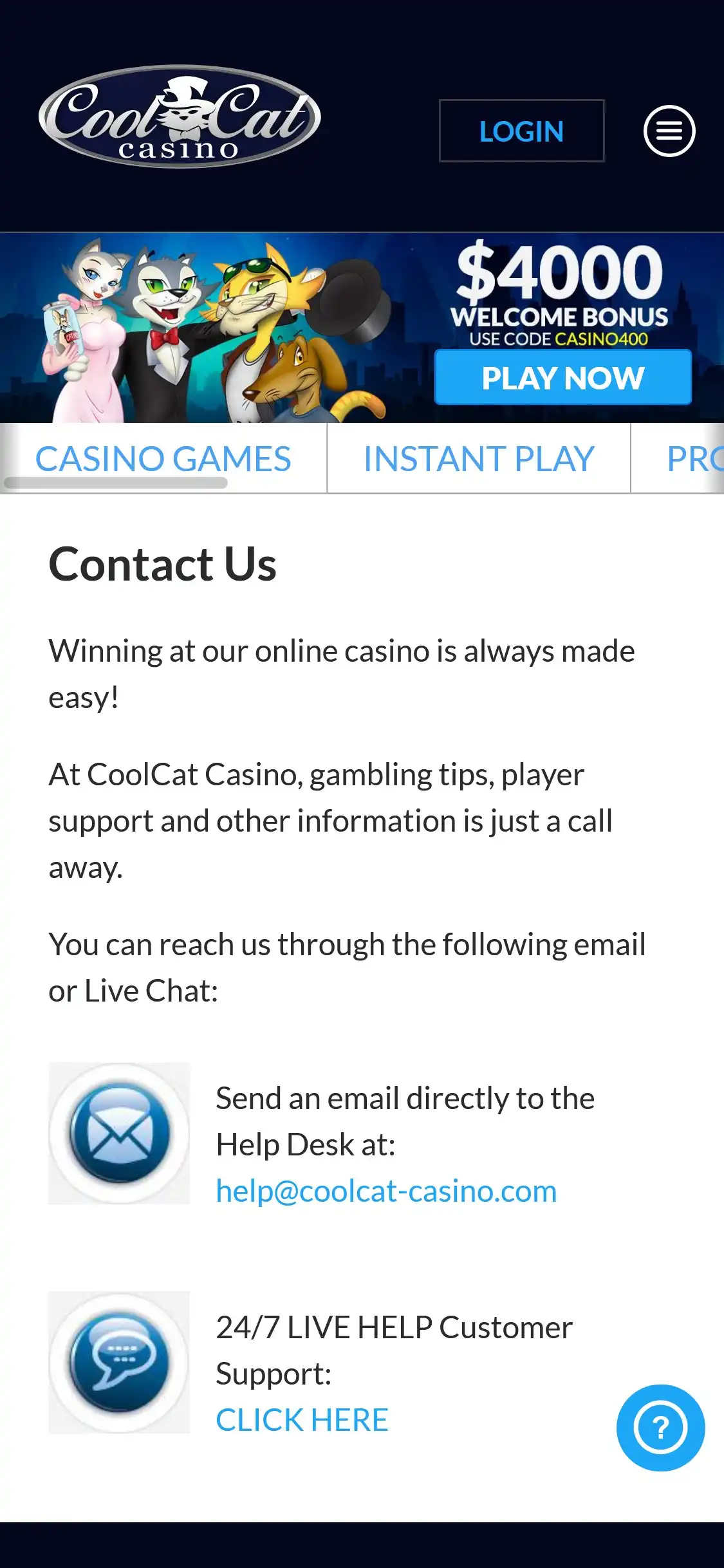 Cool Cat Casino Mobile Support Review