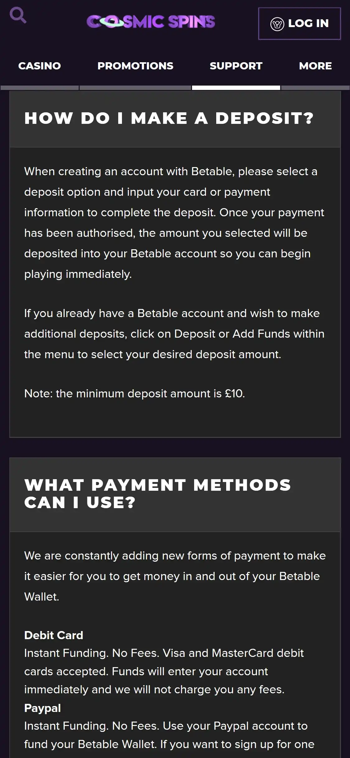 Cosmic Spins Casino Mobile Payment Methods Review