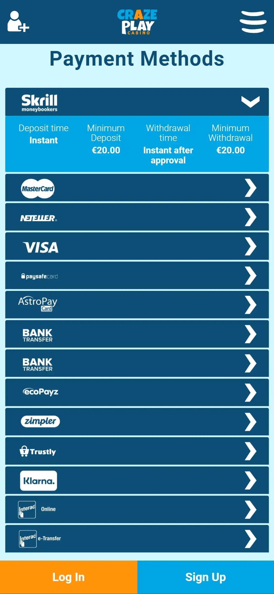 CrazePlay Casino Mobile Payment Methods Review