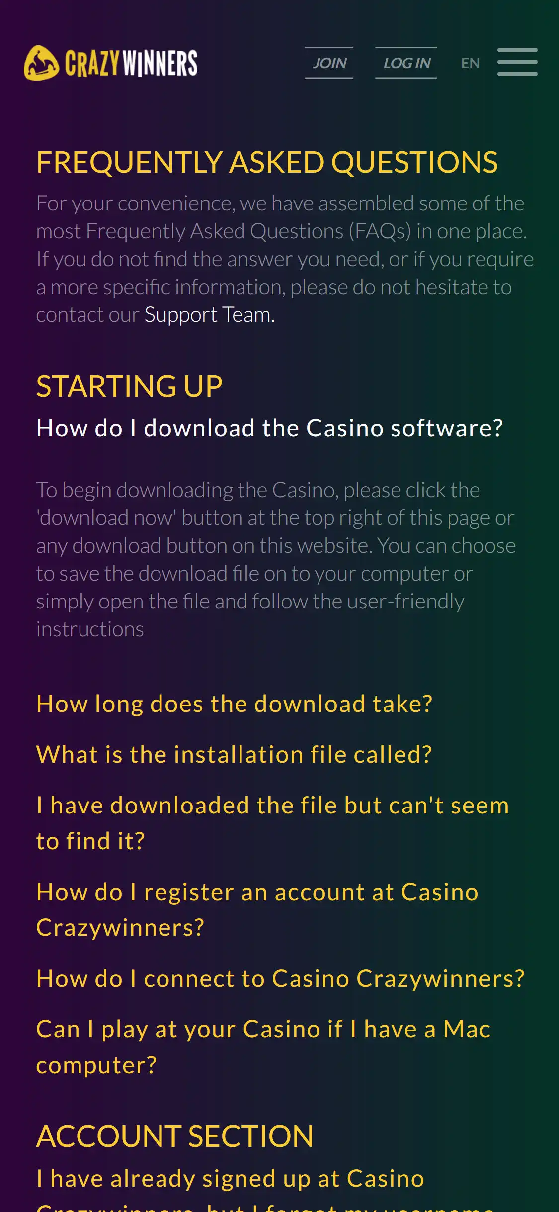 CrazyWinners Casino Mobile Support Review