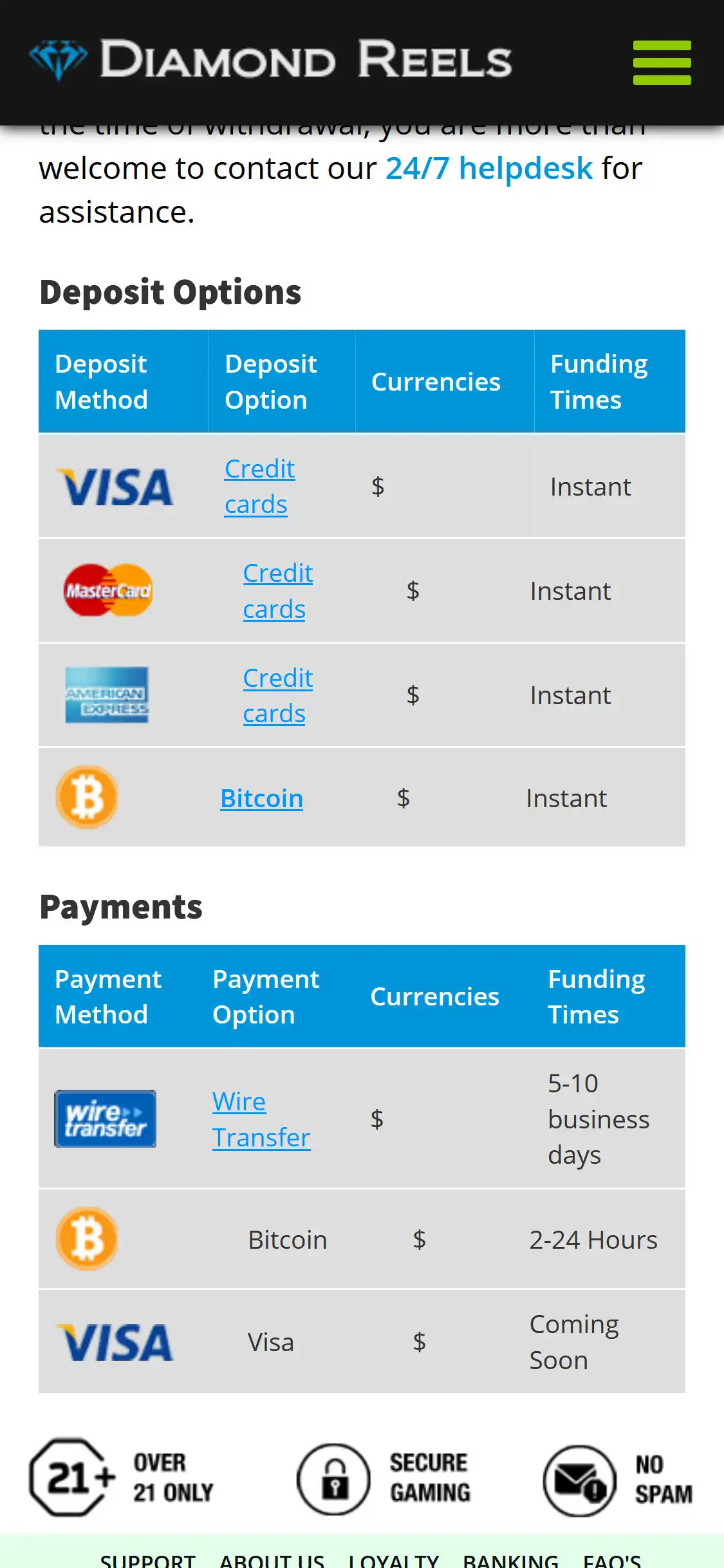 Diamond Reels Casino Mobile Payment Methods Review
