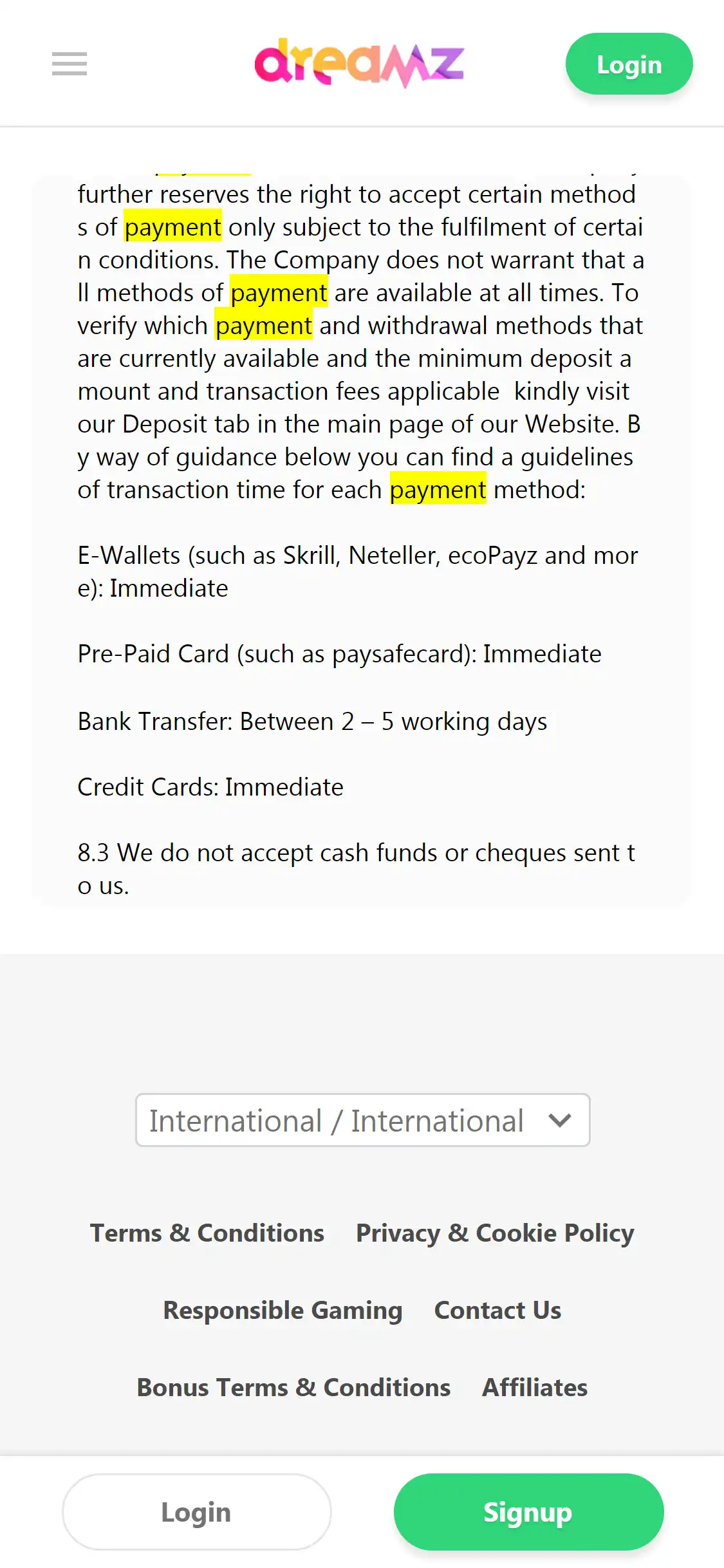 Dreamz Casino Mobile Payment Methods Review