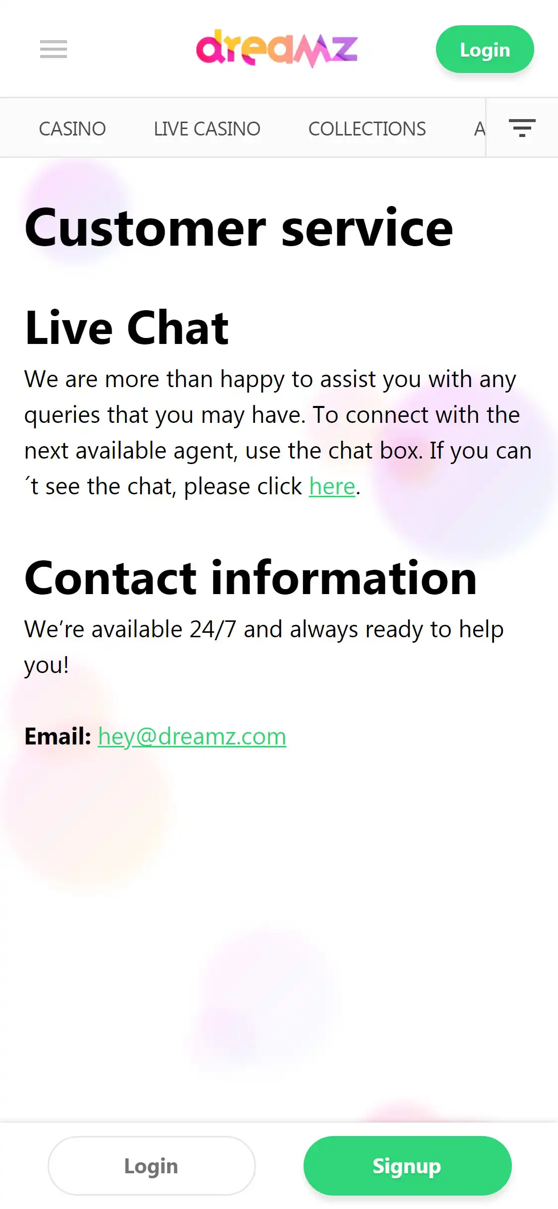 Dreamz Casino Mobile Support Review