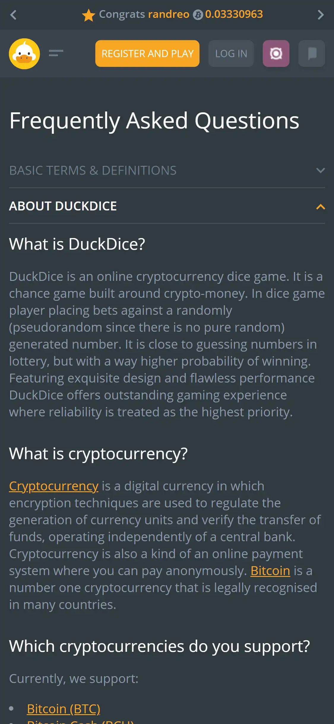 Duck Dice Casino Mobile Payment Methods Review
