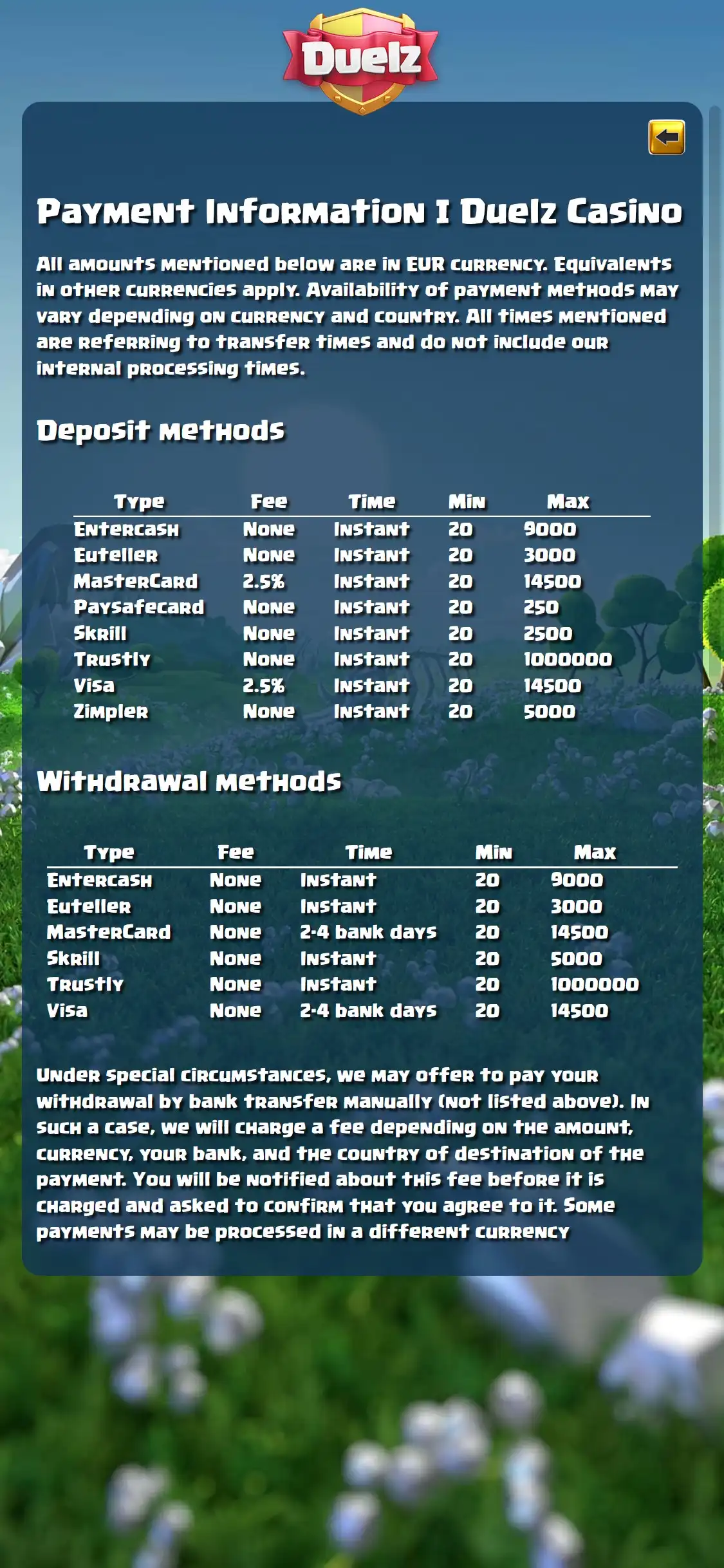 Duelz Casino Mobile Payment Methods Review