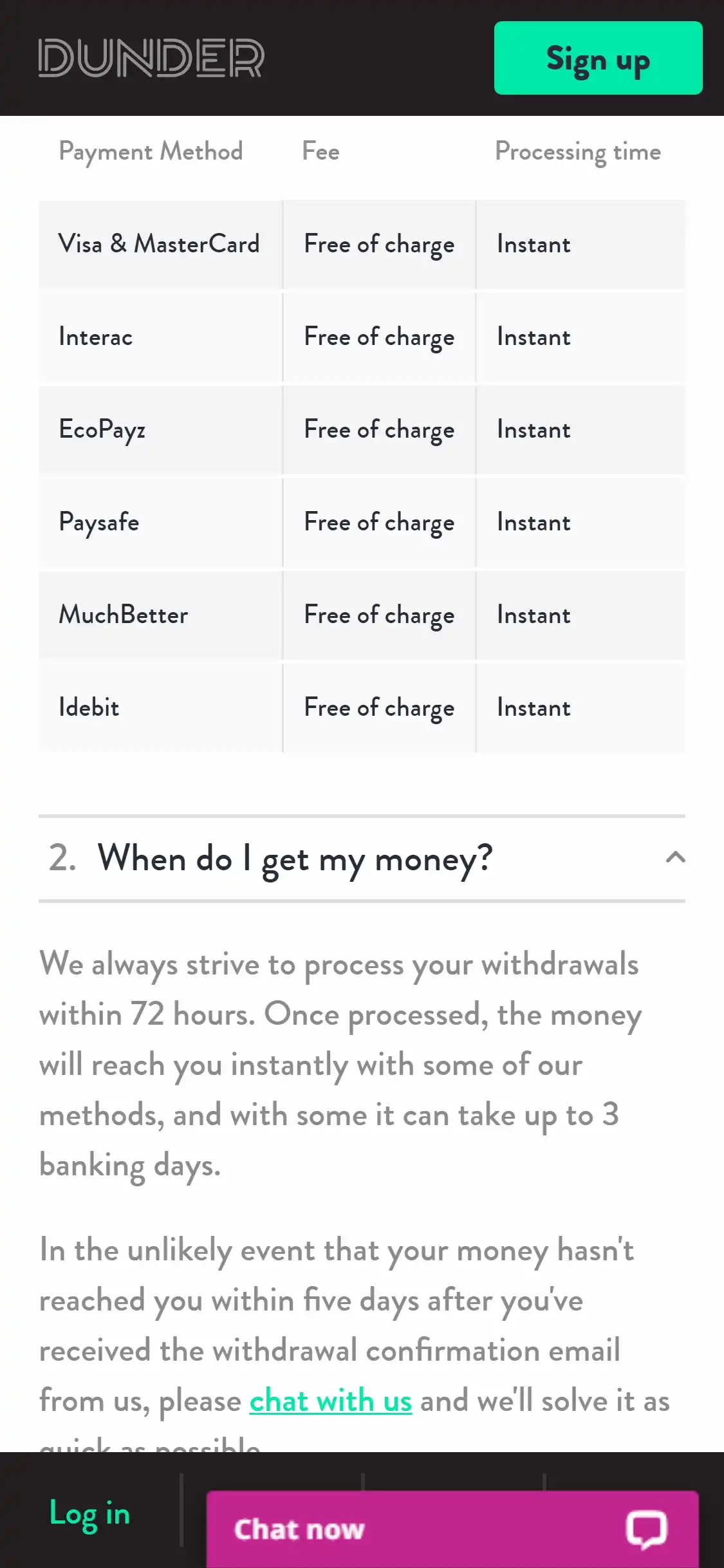 Dunder Casino Mobile Payment Methods Review