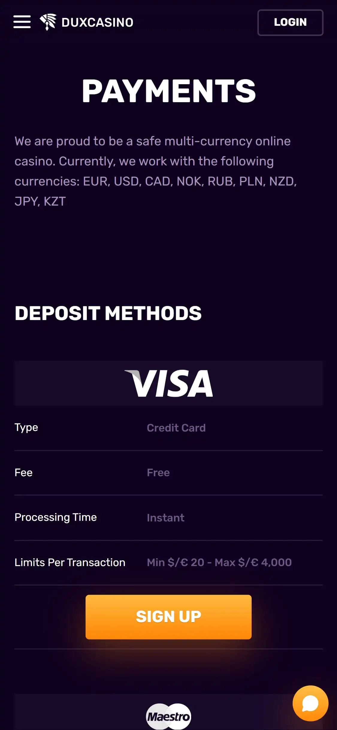 Dux Casino Mobile Payment Methods Review