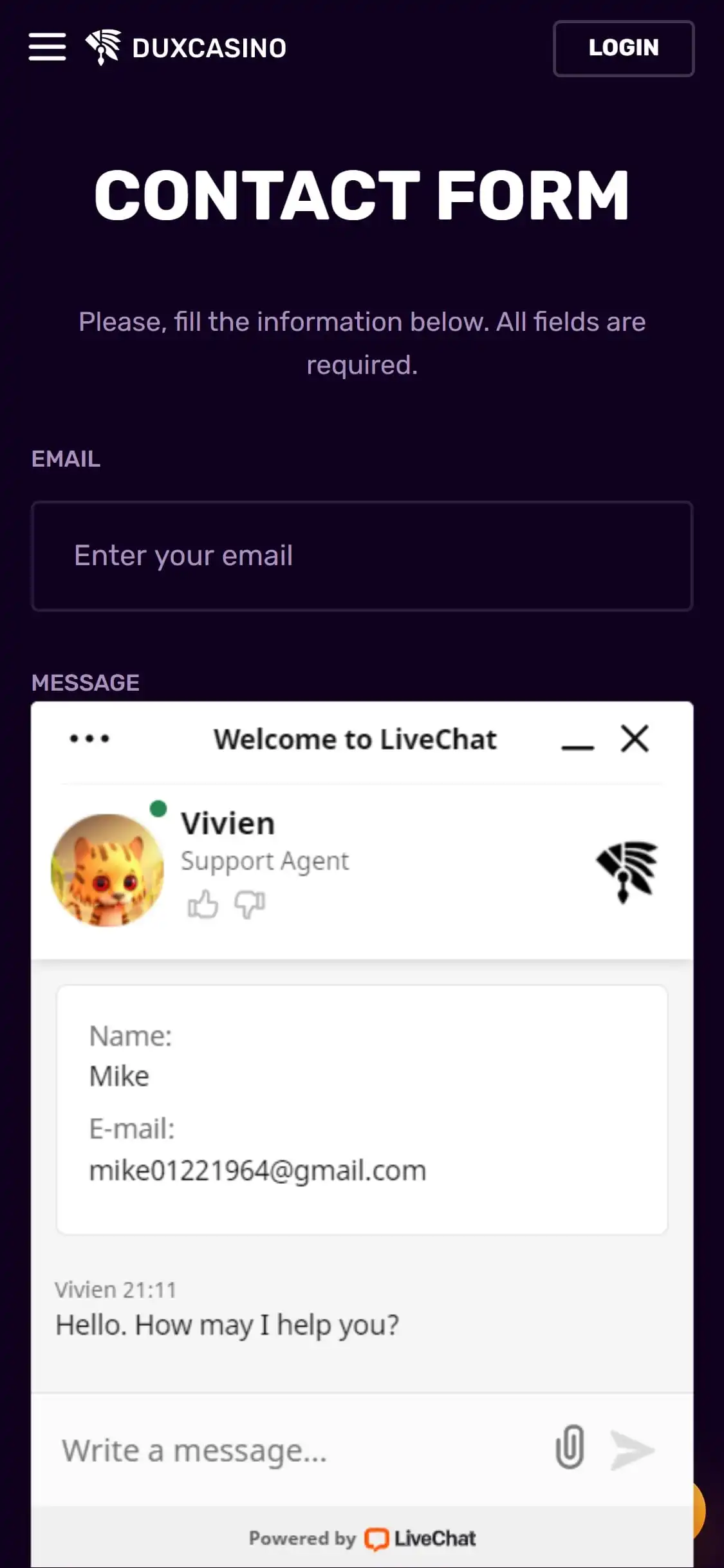 Dux Casino Mobile Support Review