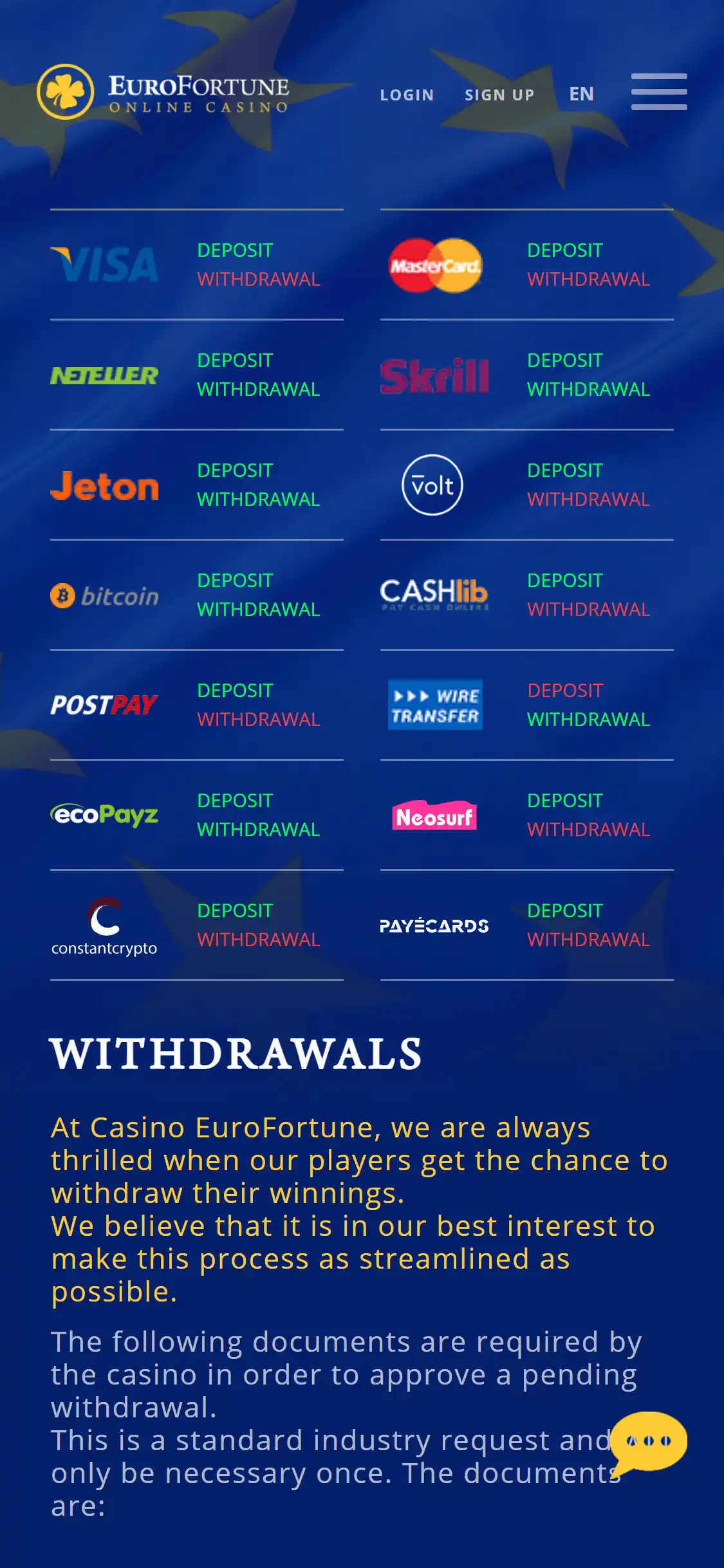 Euro Fortune Casino Mobile Payment Methods Review