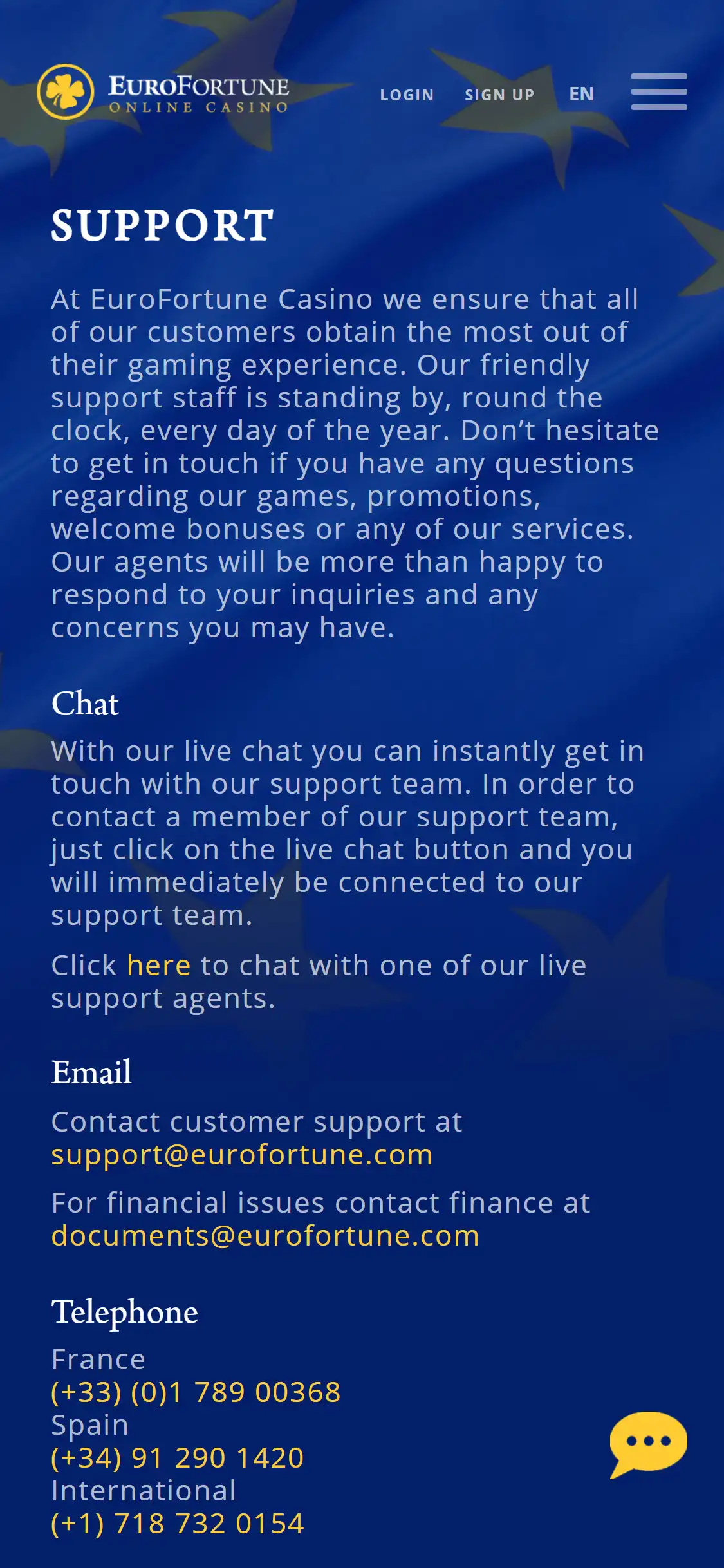 Euro Fortune Casino Mobile Support Review