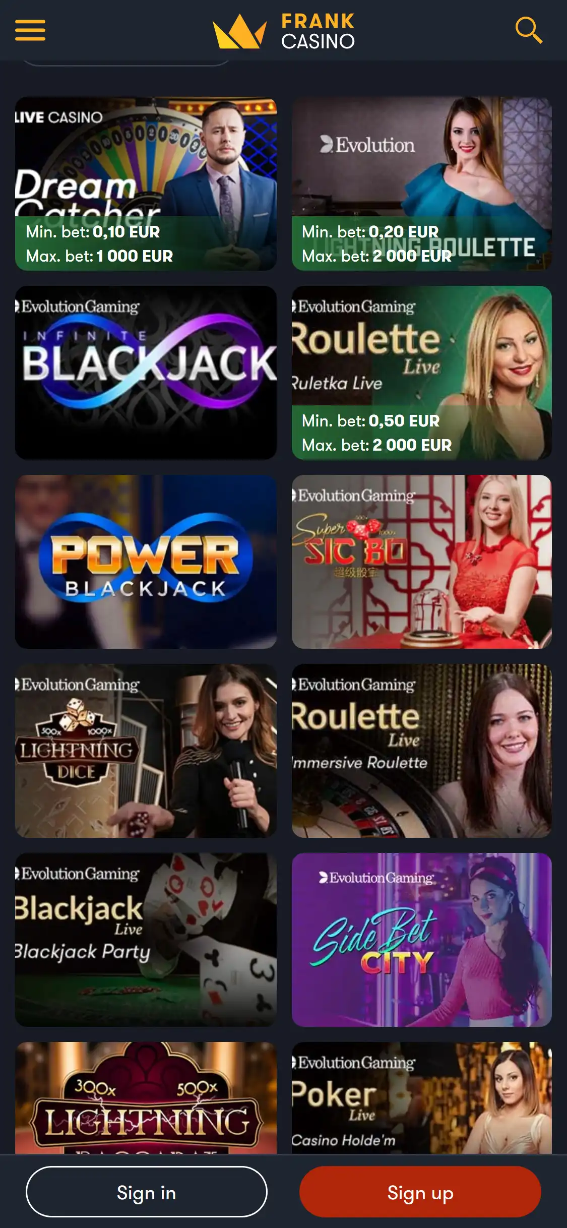 Frank Casino Mobile Live Dealer Games Review