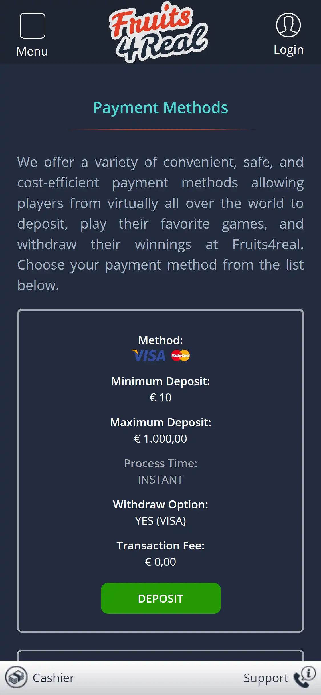 Fruits 4 Real Casino Mobile Payment Methods Review