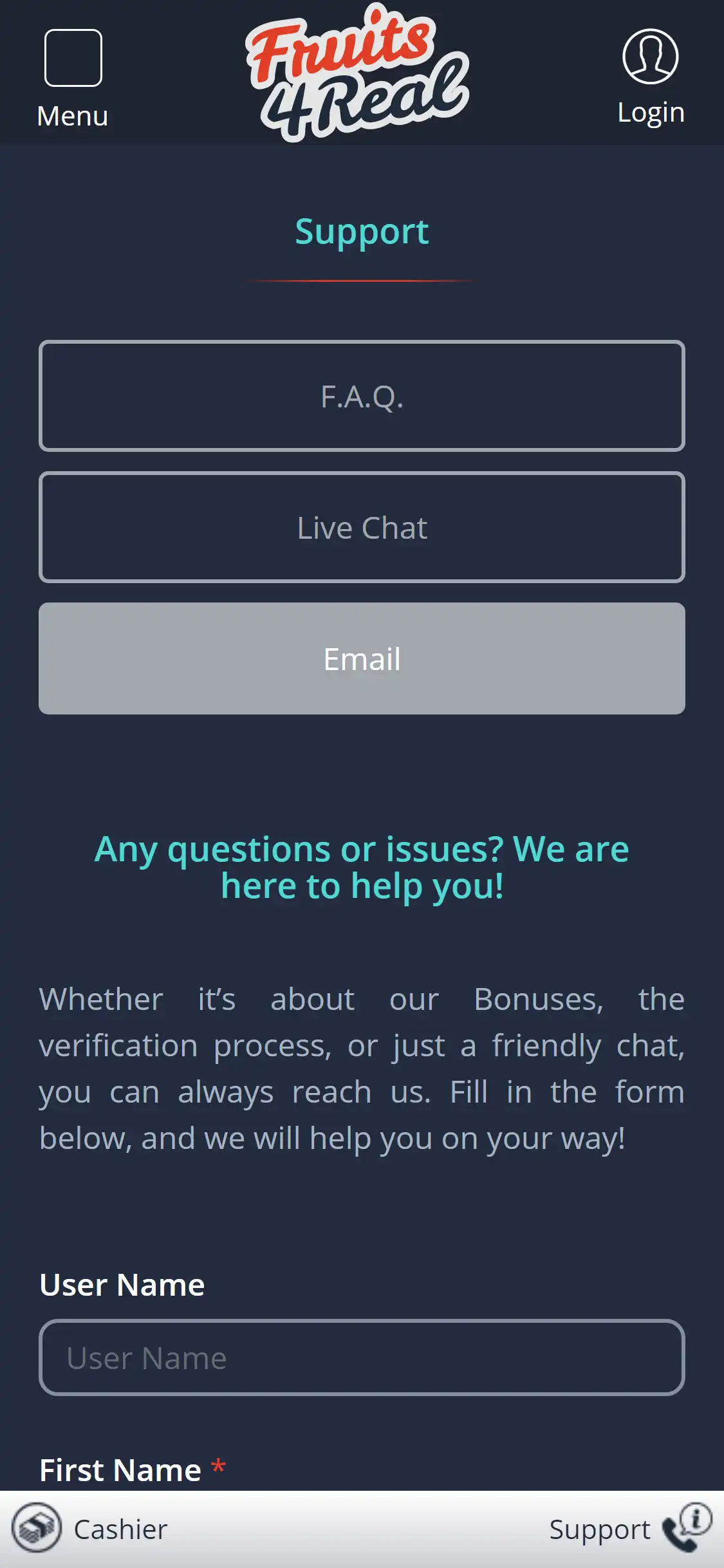 Fruits 4 Real Casino Mobile Support Review