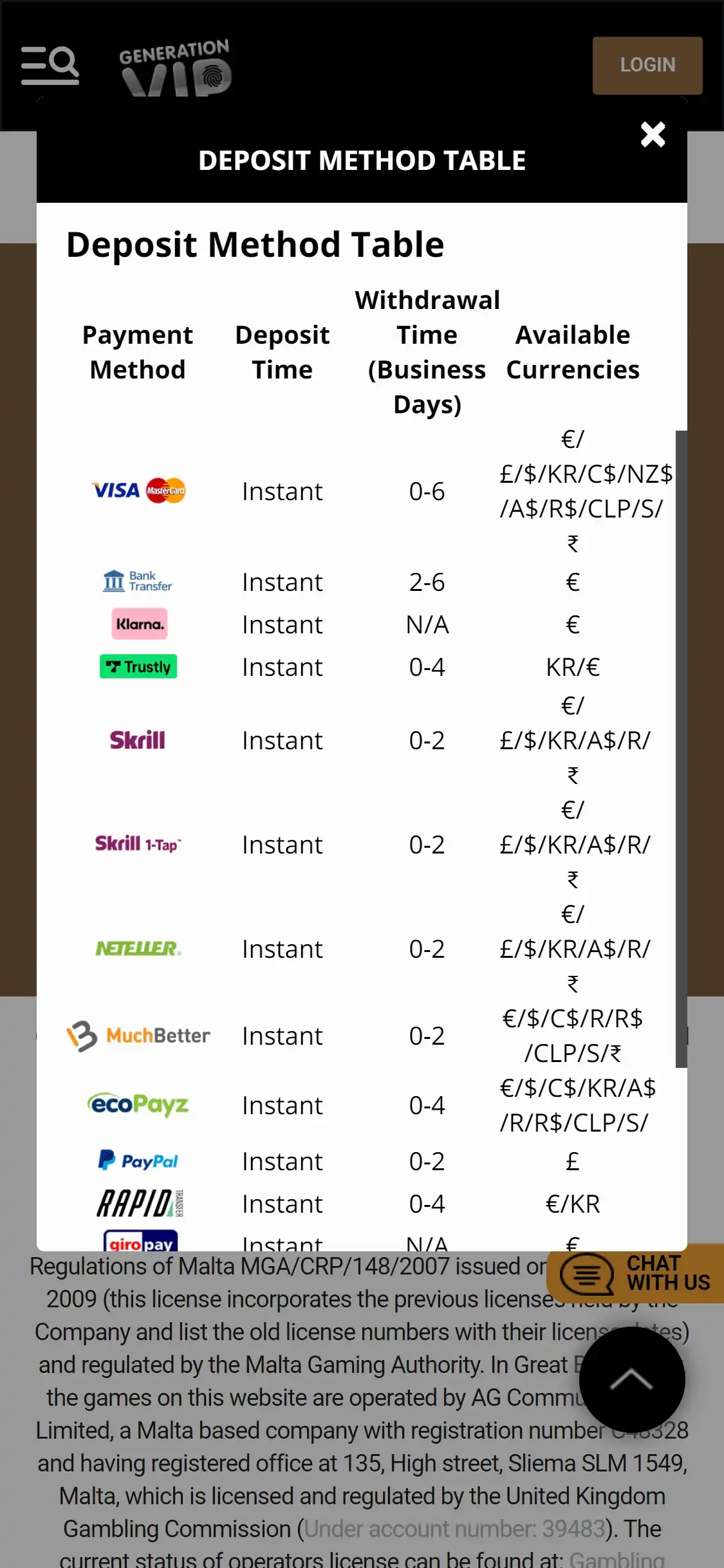 GenerationVIP Casino Mobile Payment Methods Review