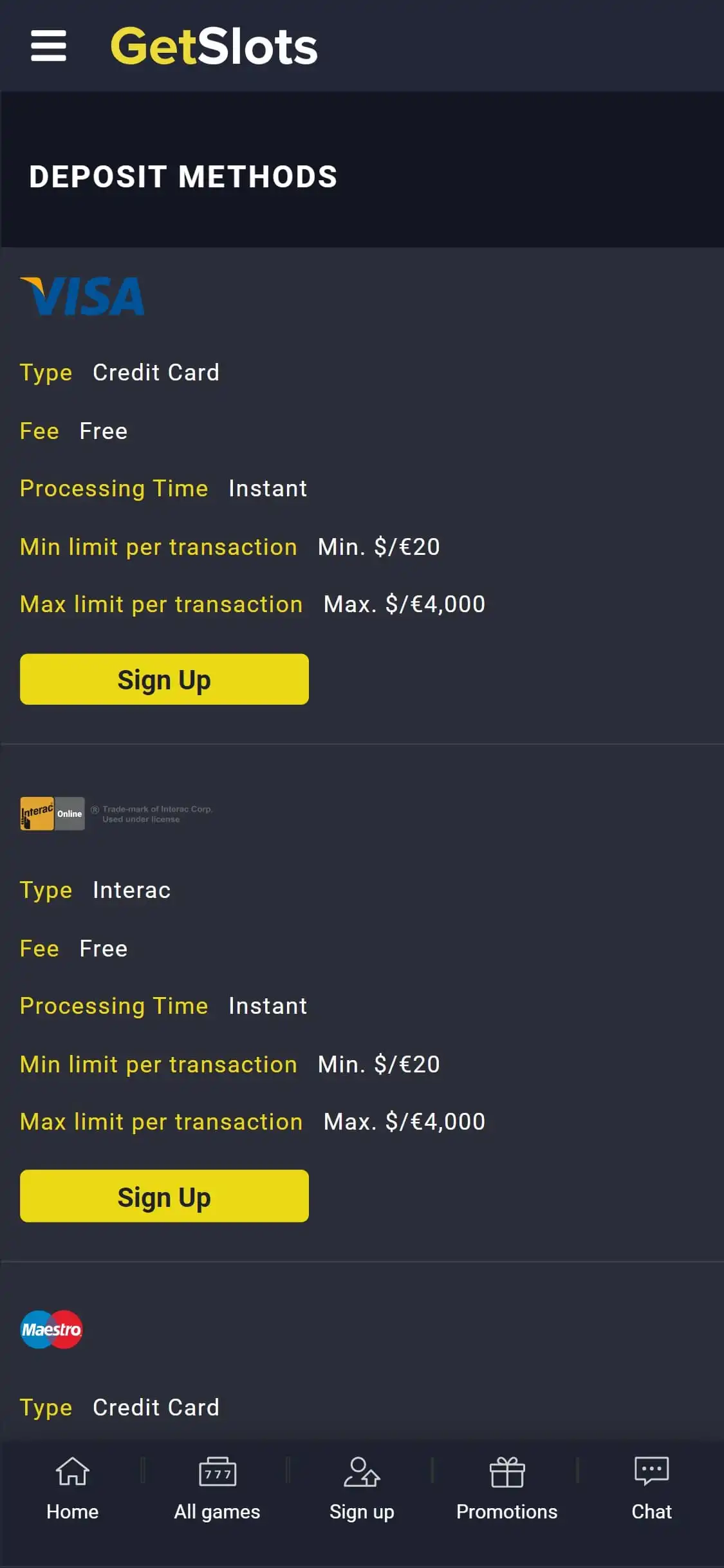 GetSlots Casino Mobile Payment Methods Review