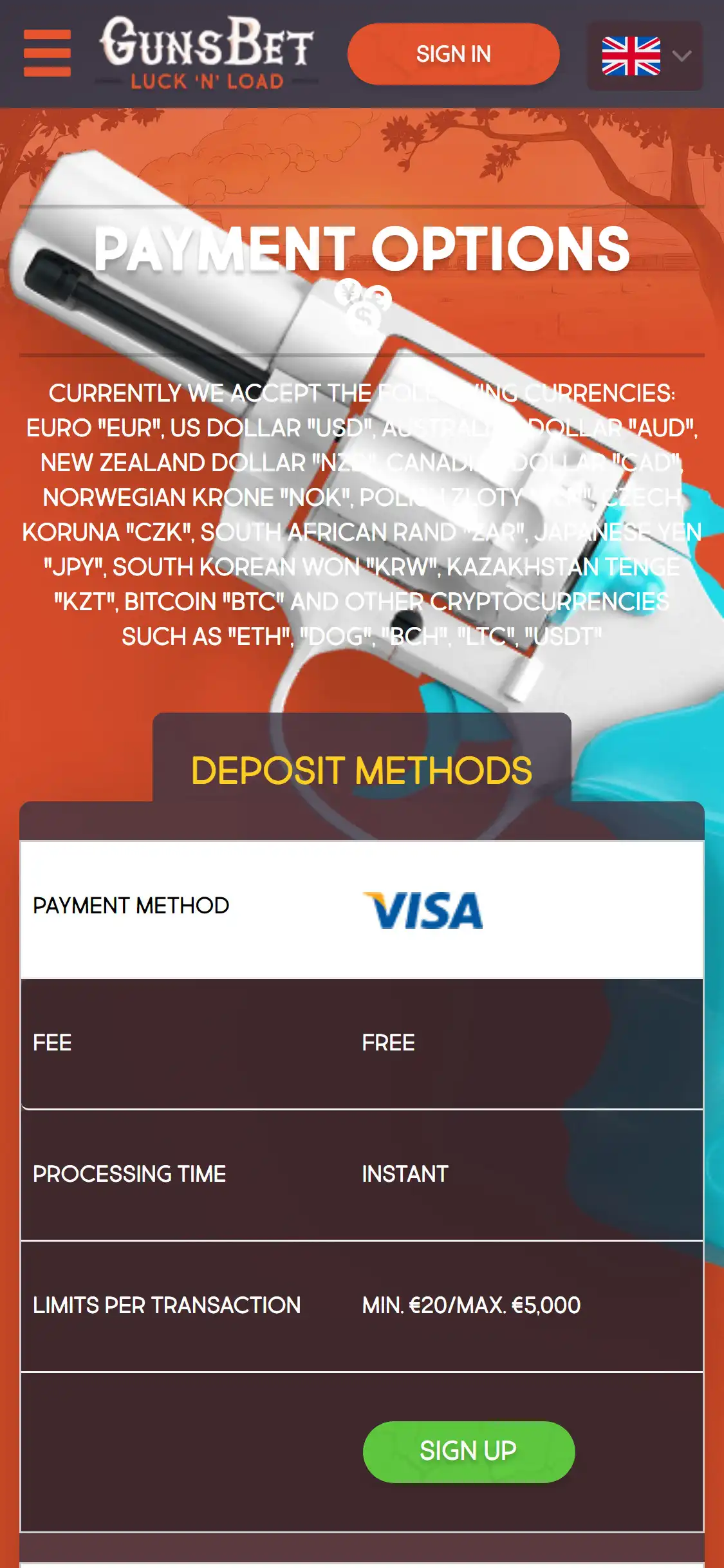 Guns Bet Casino Mobile Payment Methods Review